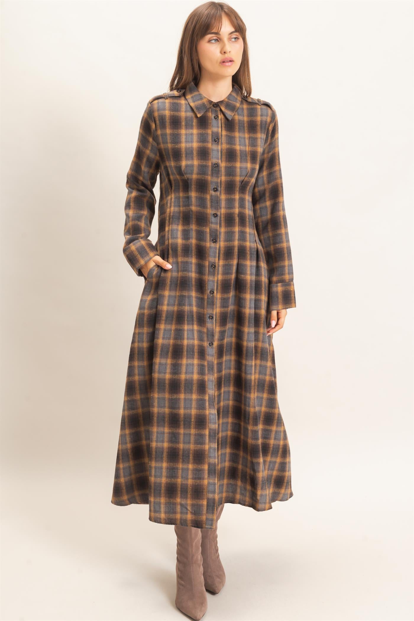 Wholesale Plaid Button-Down Maxi Dress Dresses HF26E999 MUSTARD HYFVE