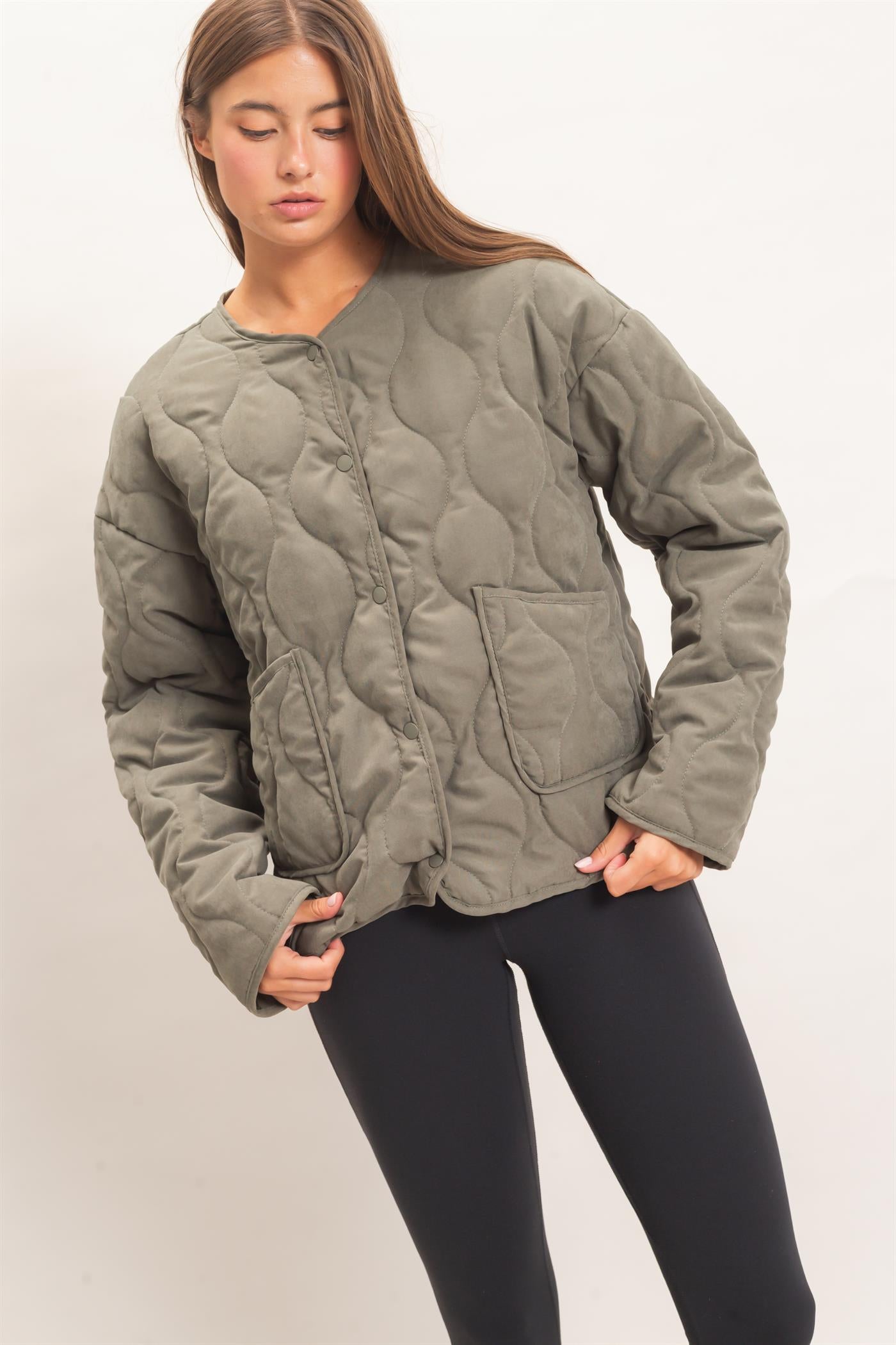 Wholesale Quilted Button Front Jacket Coats & Jackets DZ26F254 OLIVE DOUBLE ZERO