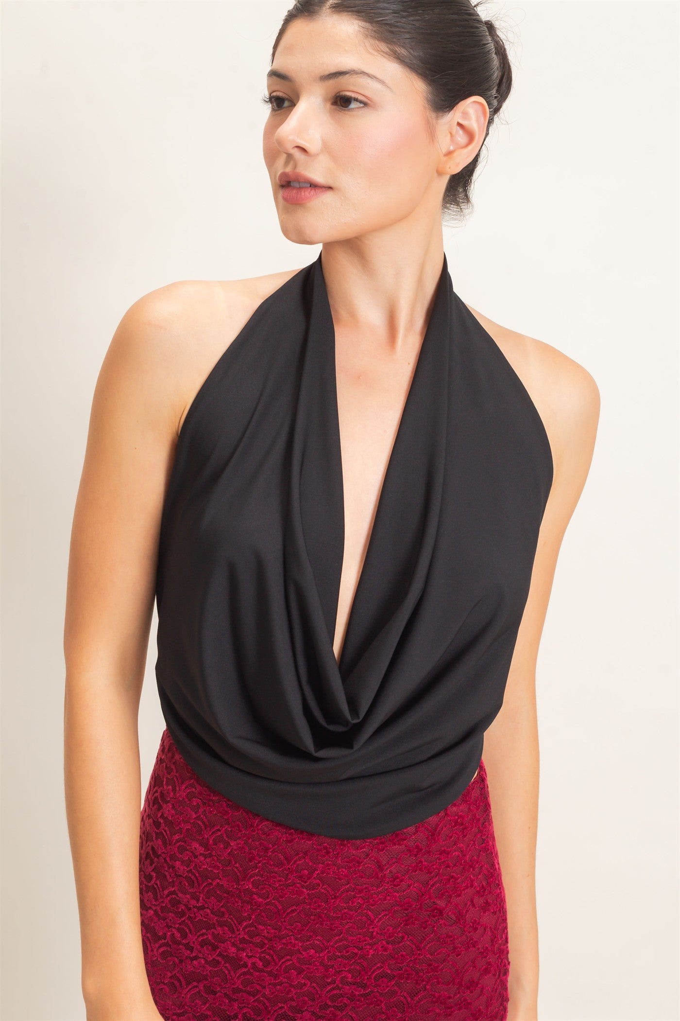Wholesale Draped Halter Neck Top Blouses HF26F076 BLACK HYFVE