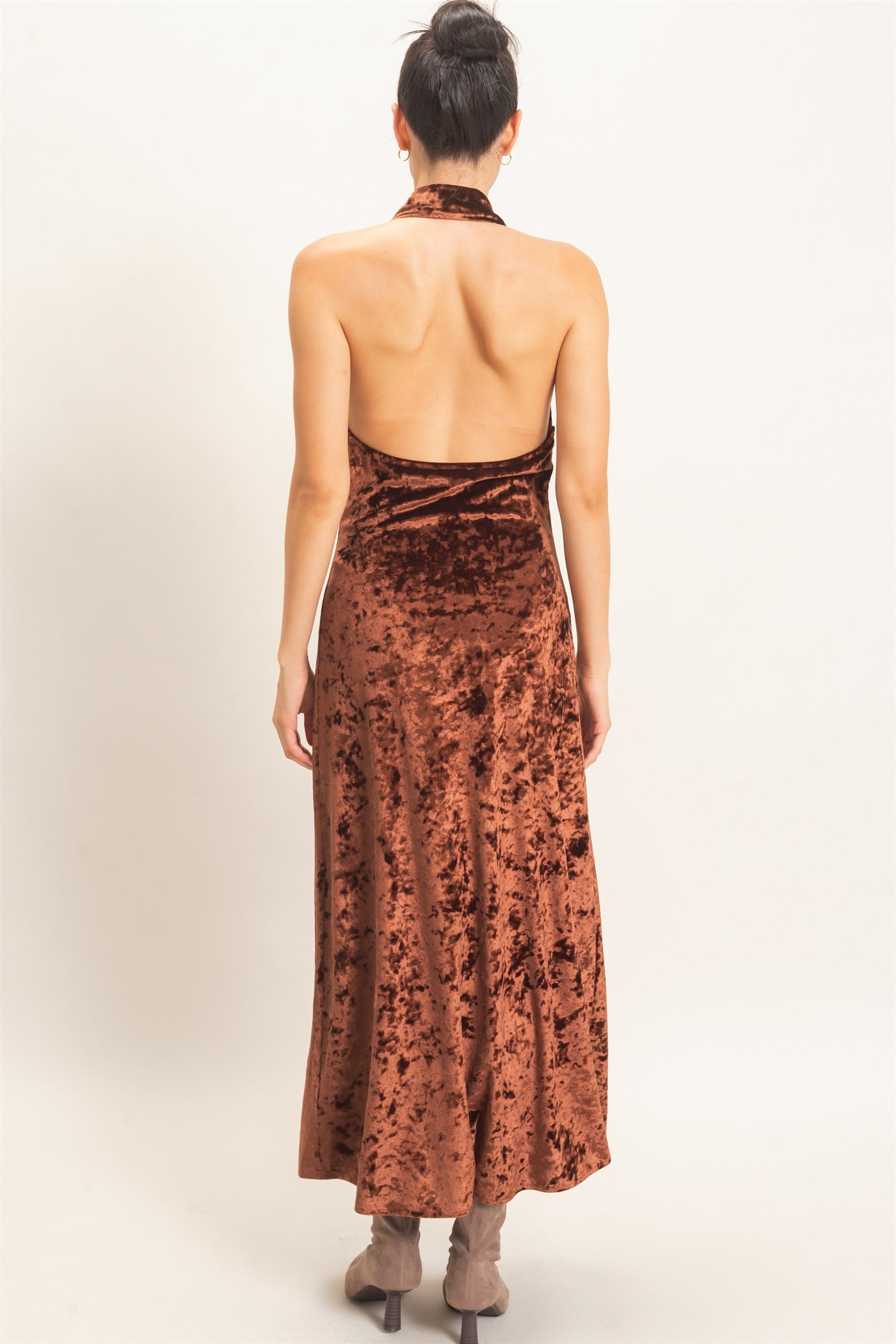 Wholesale Velvet Cowl Neck Halter Dress Dresses HF26F178 CHOCOLATE HYFVE