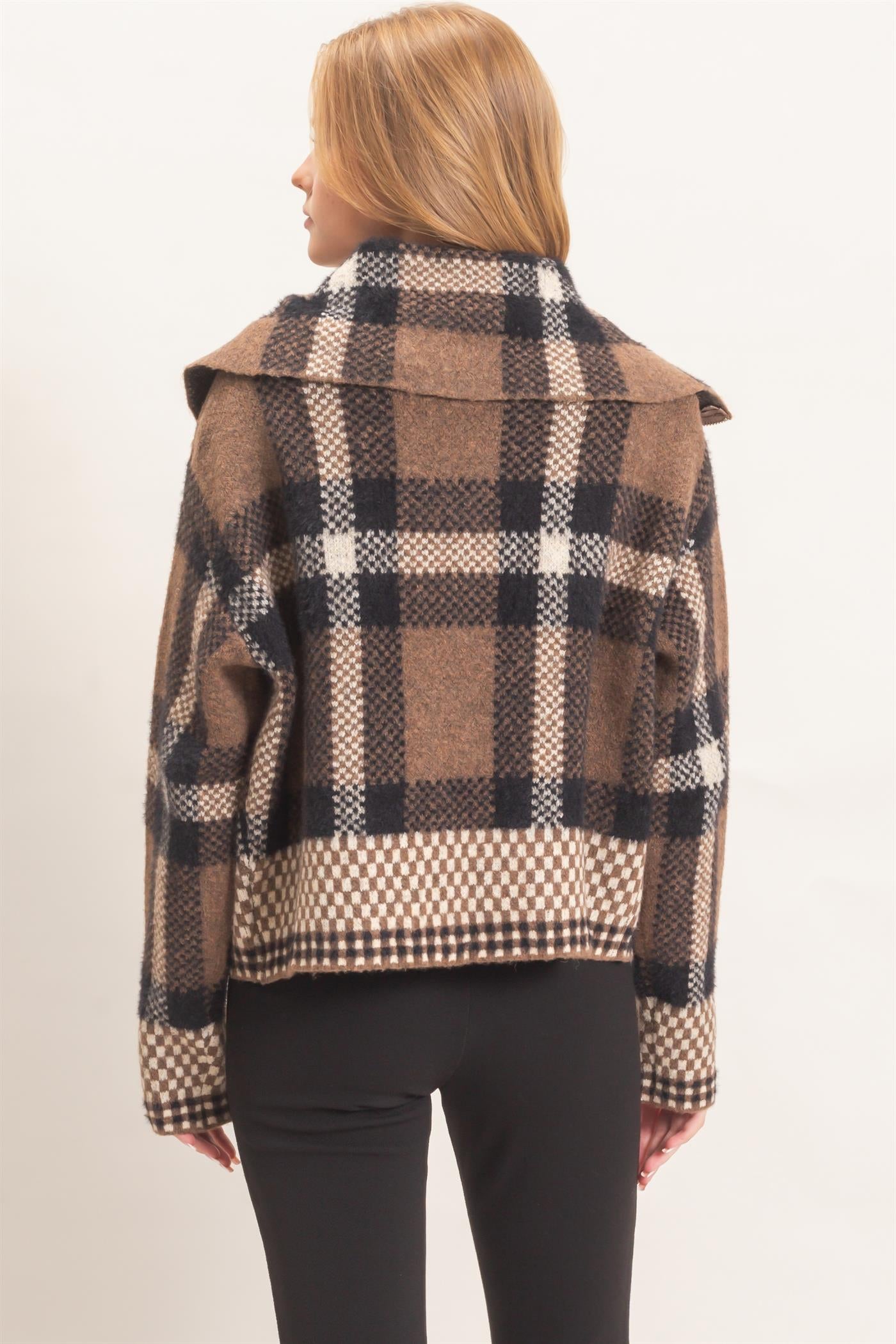Wholesale Wide Collar Plaid Zip-Up Sweater Cardigans HF26E898 BROWN COMBO HYFVE