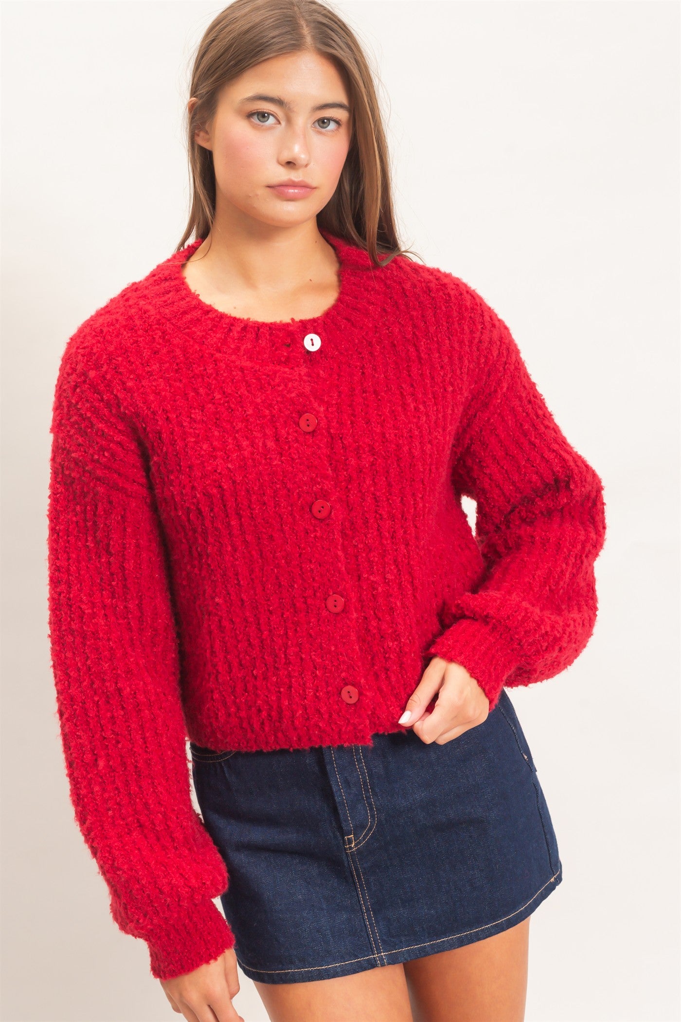 Wholesale Boucle Knit Button Front Cardigan Cardigans DZ26E270 DARK RED DOUBLE ZERO