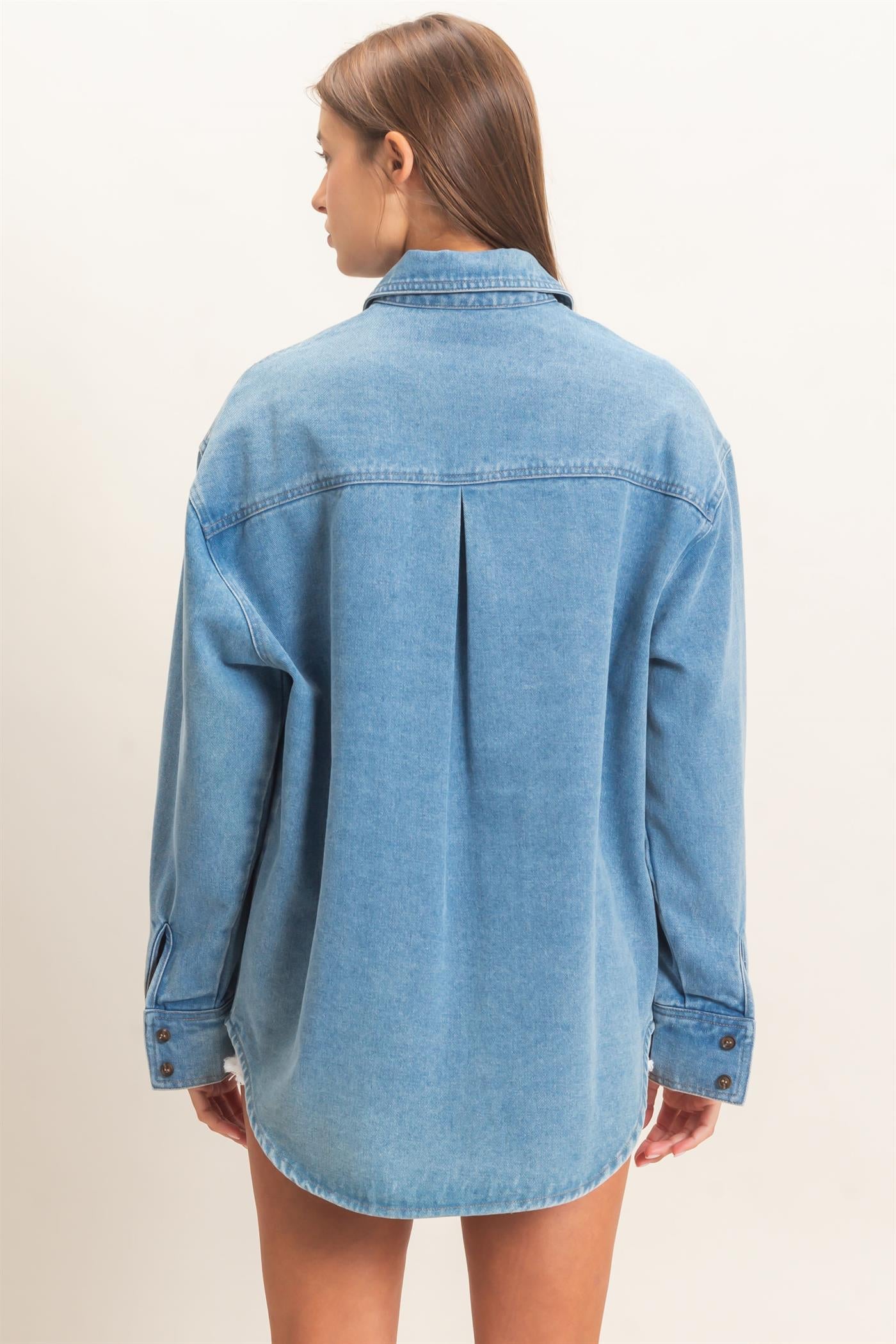 Wholesale Denim Button-Up Collar Shirt Clothing Tops DZ26F410 MEDIUM BLUE DOUBLE ZERO
