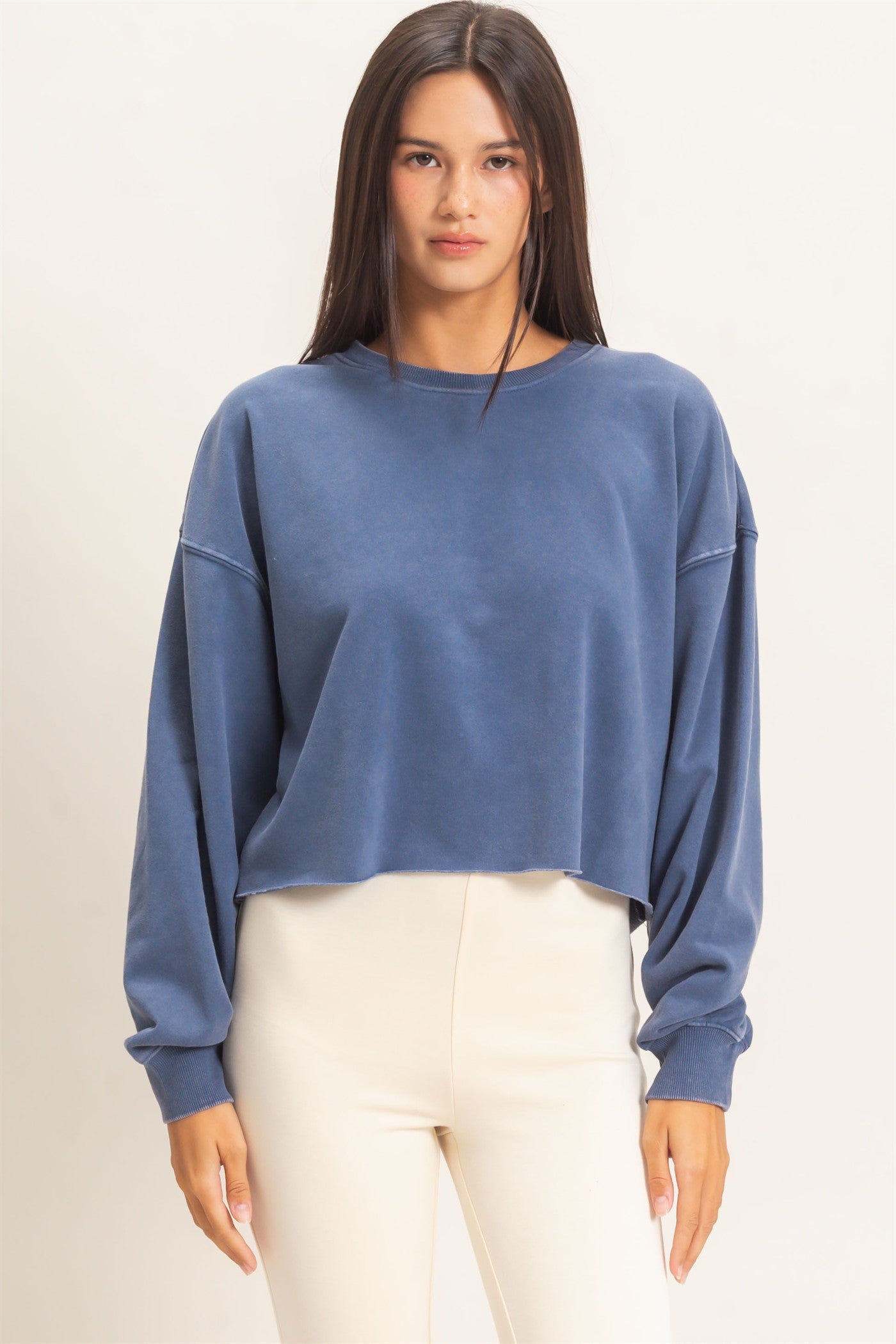 Wholesale Mineral Wash Raw Hem Cropped Sweatshirt Sweatshirts DZ26C968 NAVY DOUBLE ZERO