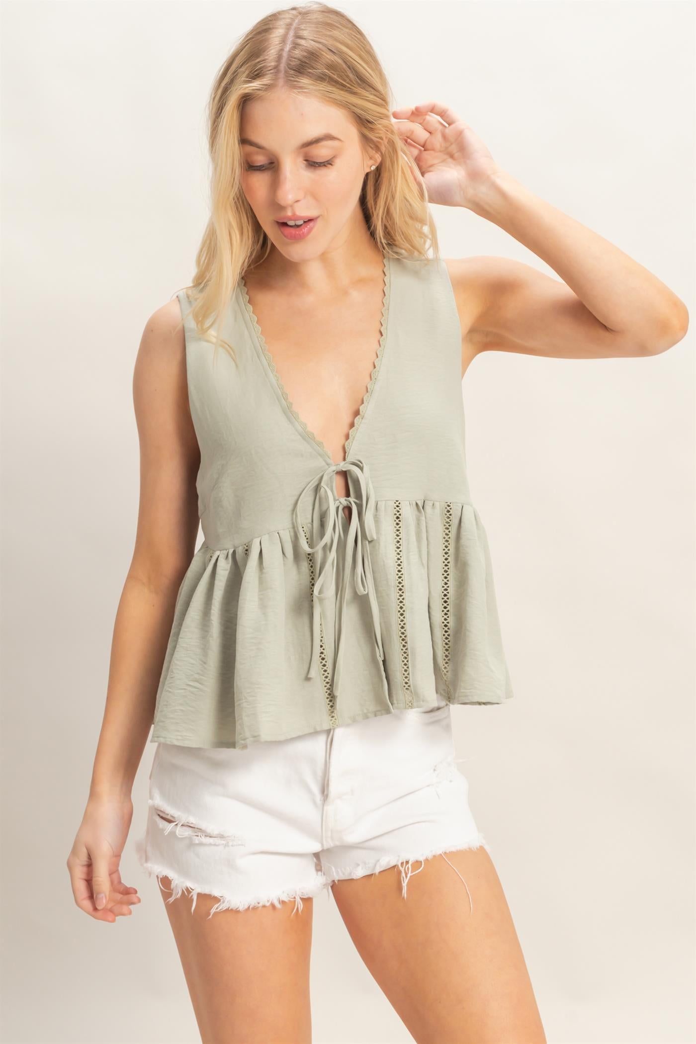 Wholesale Lace Trim Tie Front Top Clothing Tops HF26C100-D SAGE HYFVE