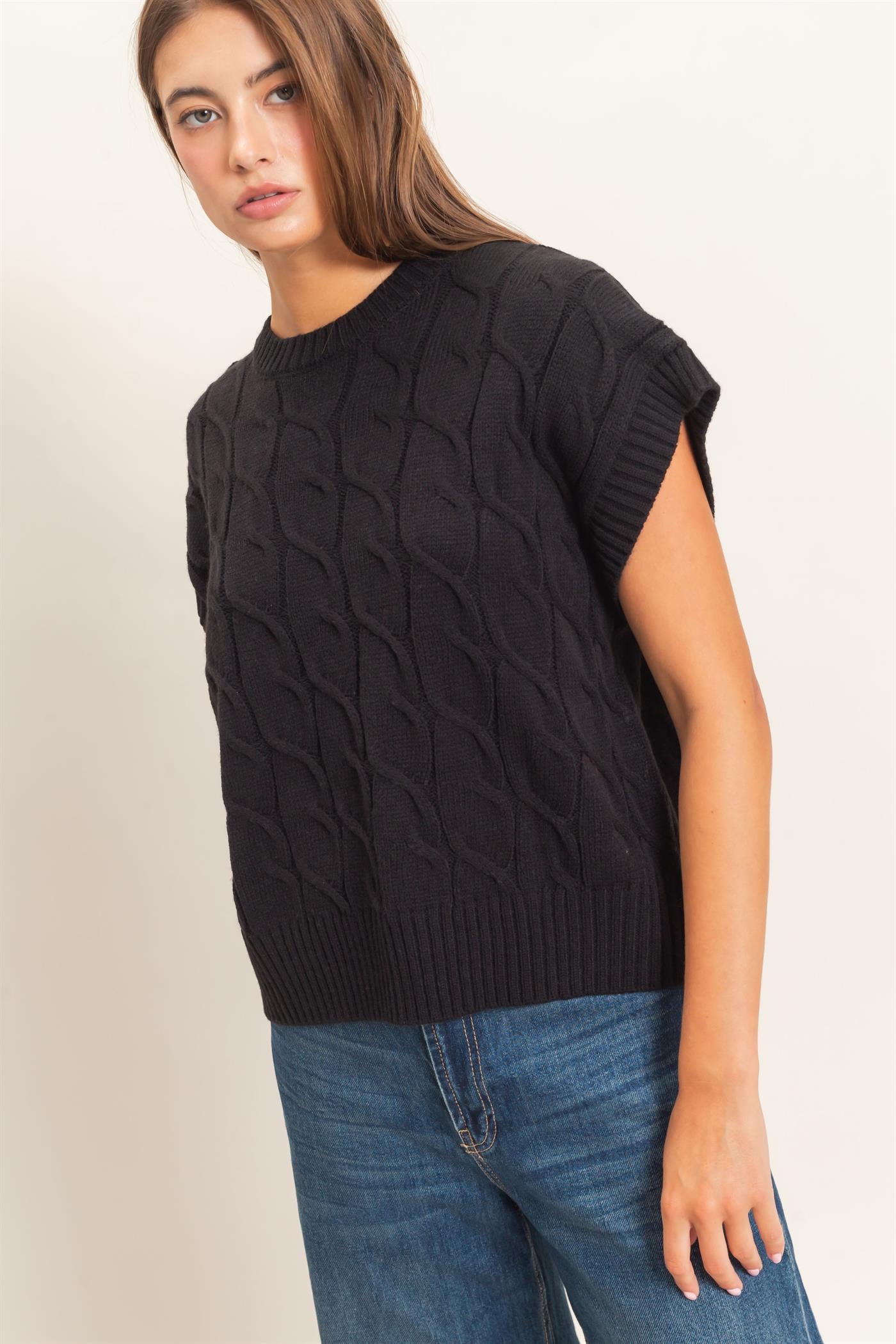 Wholesale Cable Knit Cap Sleeve Sweater Sweaters DZ26C974 BLACK DOUBLE ZERO