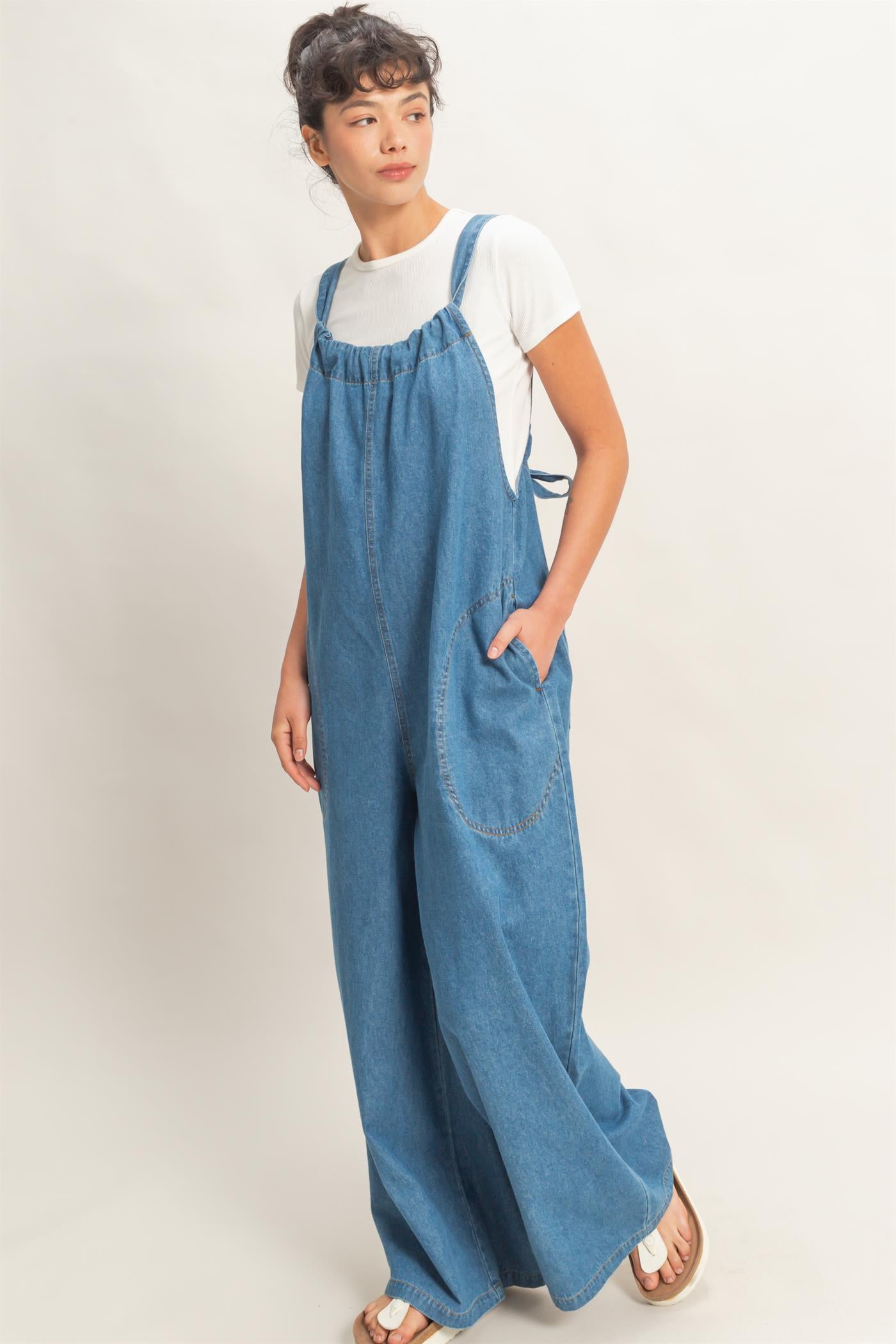 Wholesale Denim Adjustable Strap Jumpsuit Clothing DZ26C414 MEDIUM BLUE DOUBLE ZERO