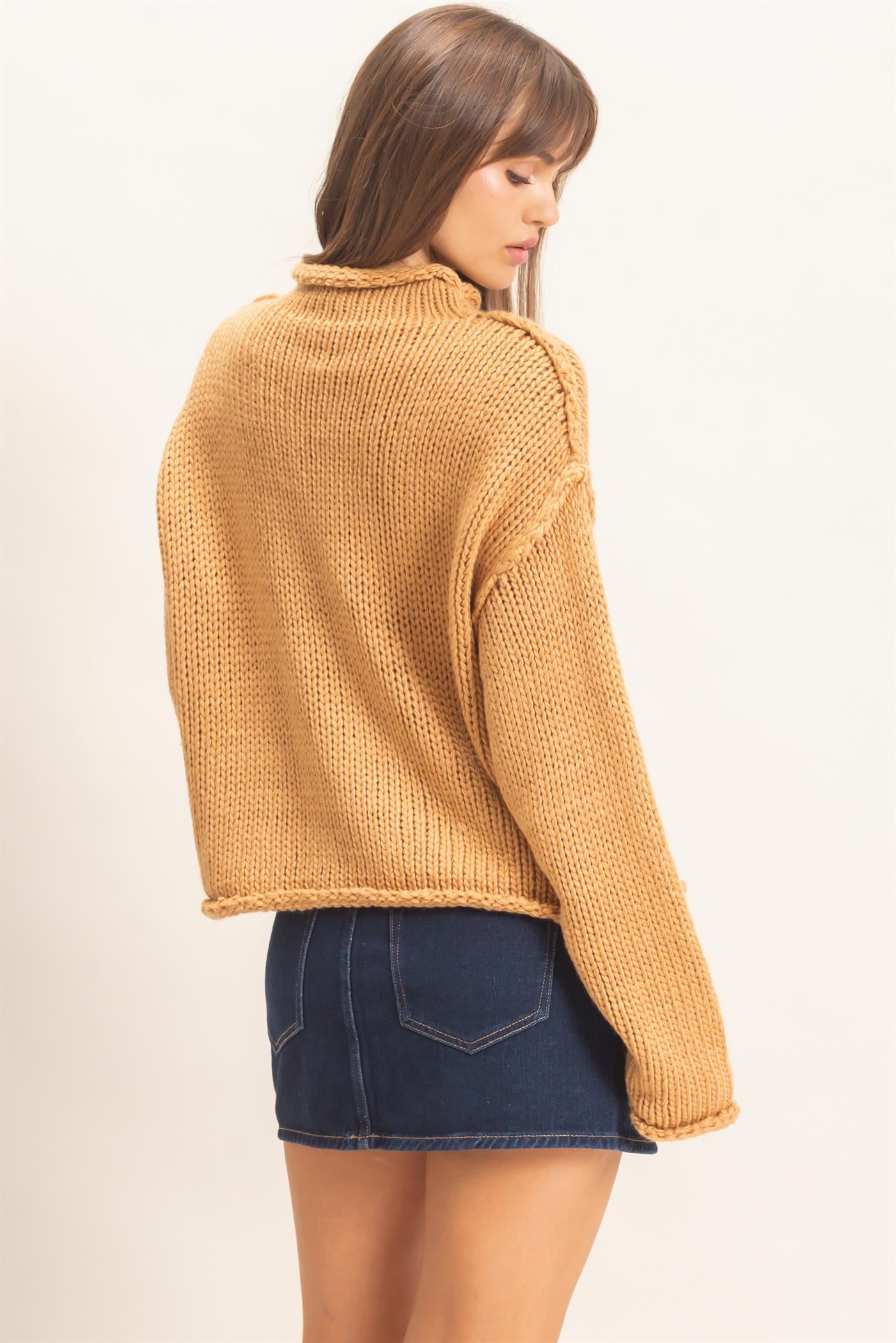 Wholesale Rolled Collar Loose Knit Sweater Sweaters HF26C859 LIGHT BROWN HYFVE