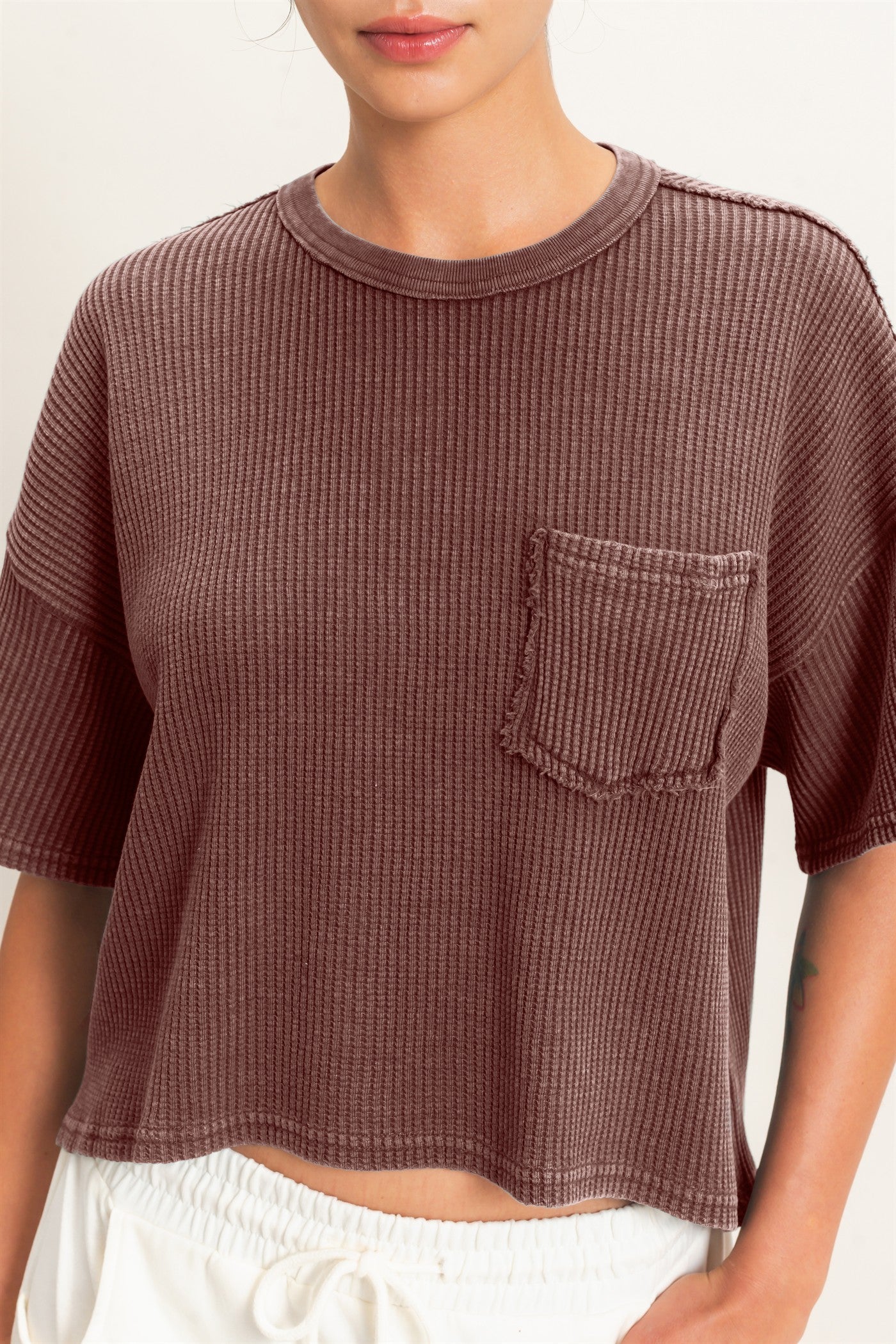 Wholesale Mineral Wash Waffle Knit Pocket Top Clothing Tops DZ26E222 DARK BROWN DOUBLE ZERO