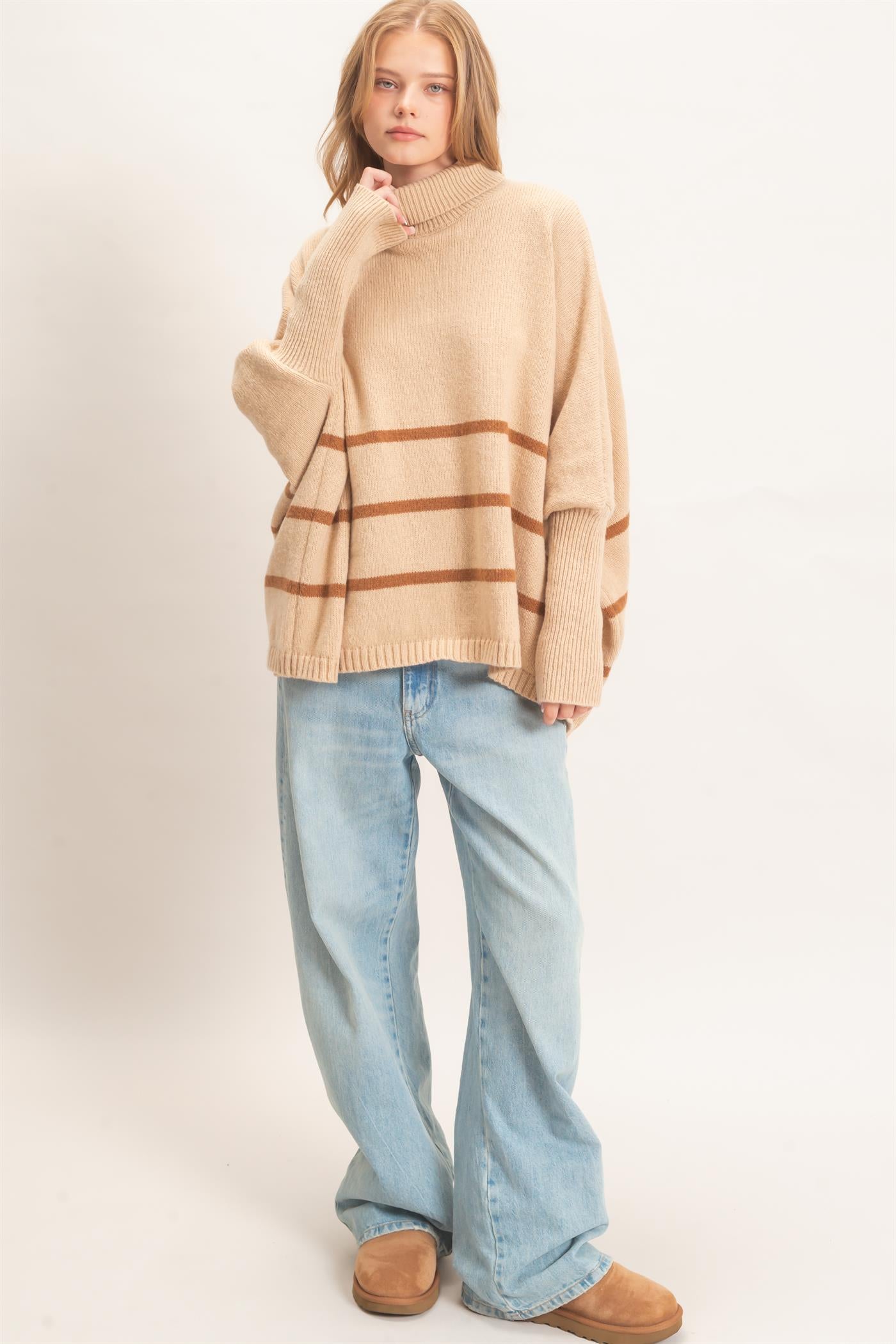 Wholesale Striped Turtleneck Poncho Sweater Sweaters HF26F194 L.TAUPE HYFVE