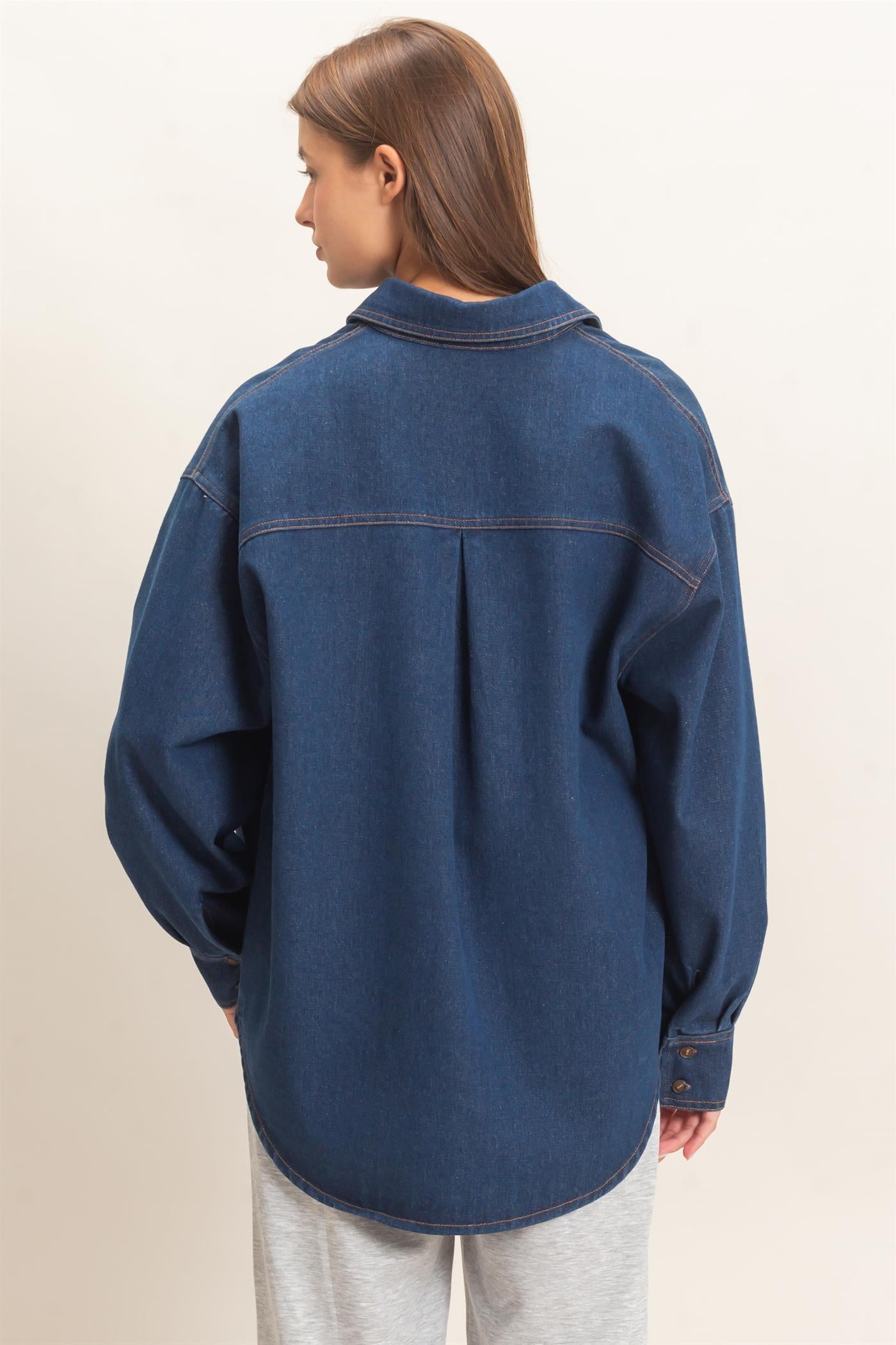 Wholesale Denim Button-Up Collar Shirt Clothing Tops DZ26F410 DARK BLUE DOUBLE ZERO