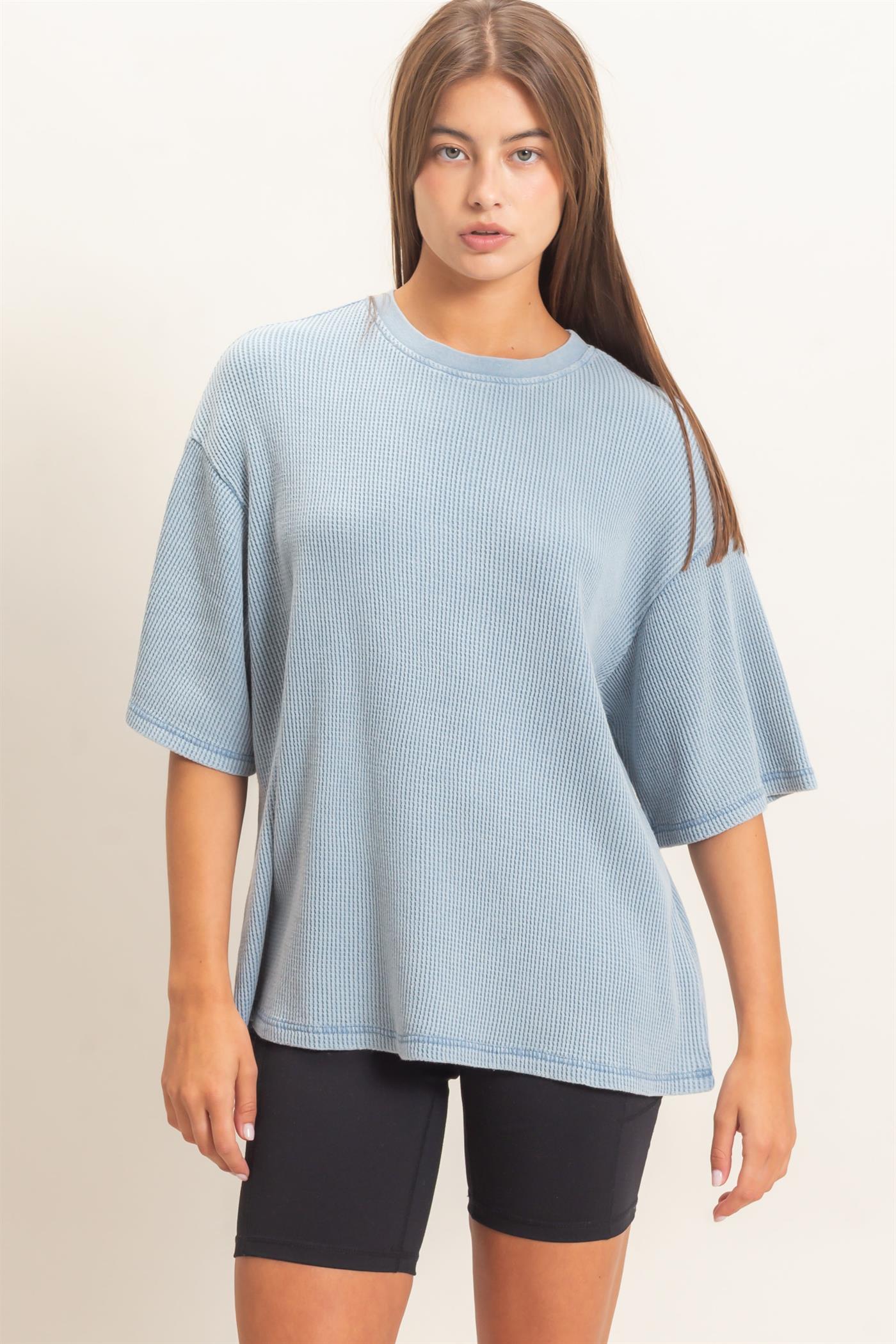 Wholesale Mineral Wash Waffle Crew Neck Short Sleeve Top Clothing Tops DZ26E328 DUSTY BLUE DOUBLE ZERO