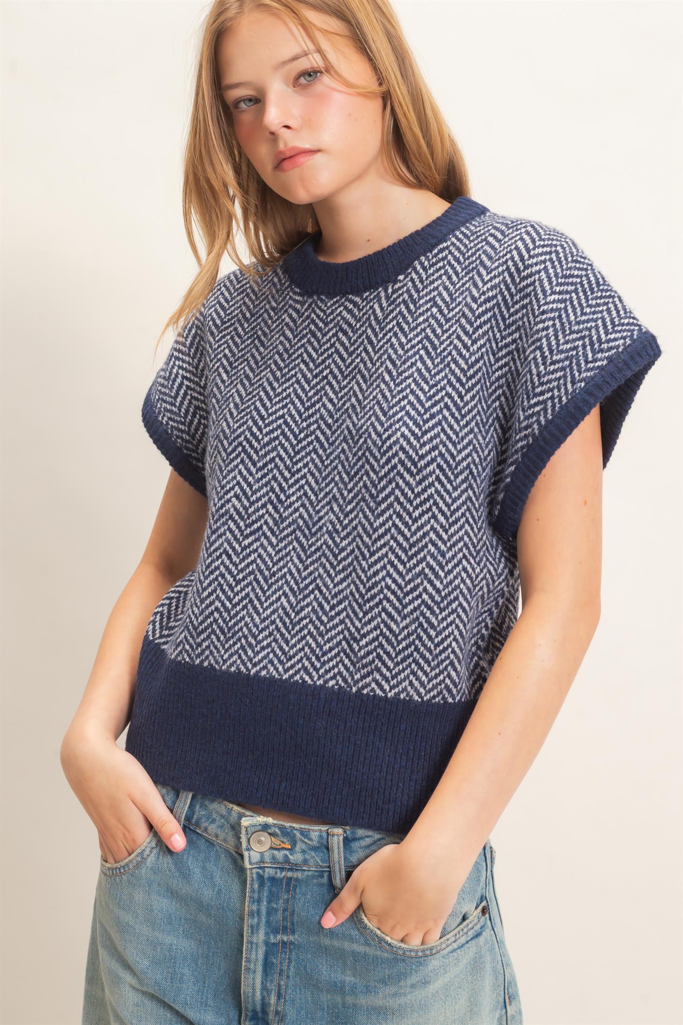 Wholesale Chevron Knit Cap Sleeve Sweater Sweaters HF26E542 NAVY HYFVE