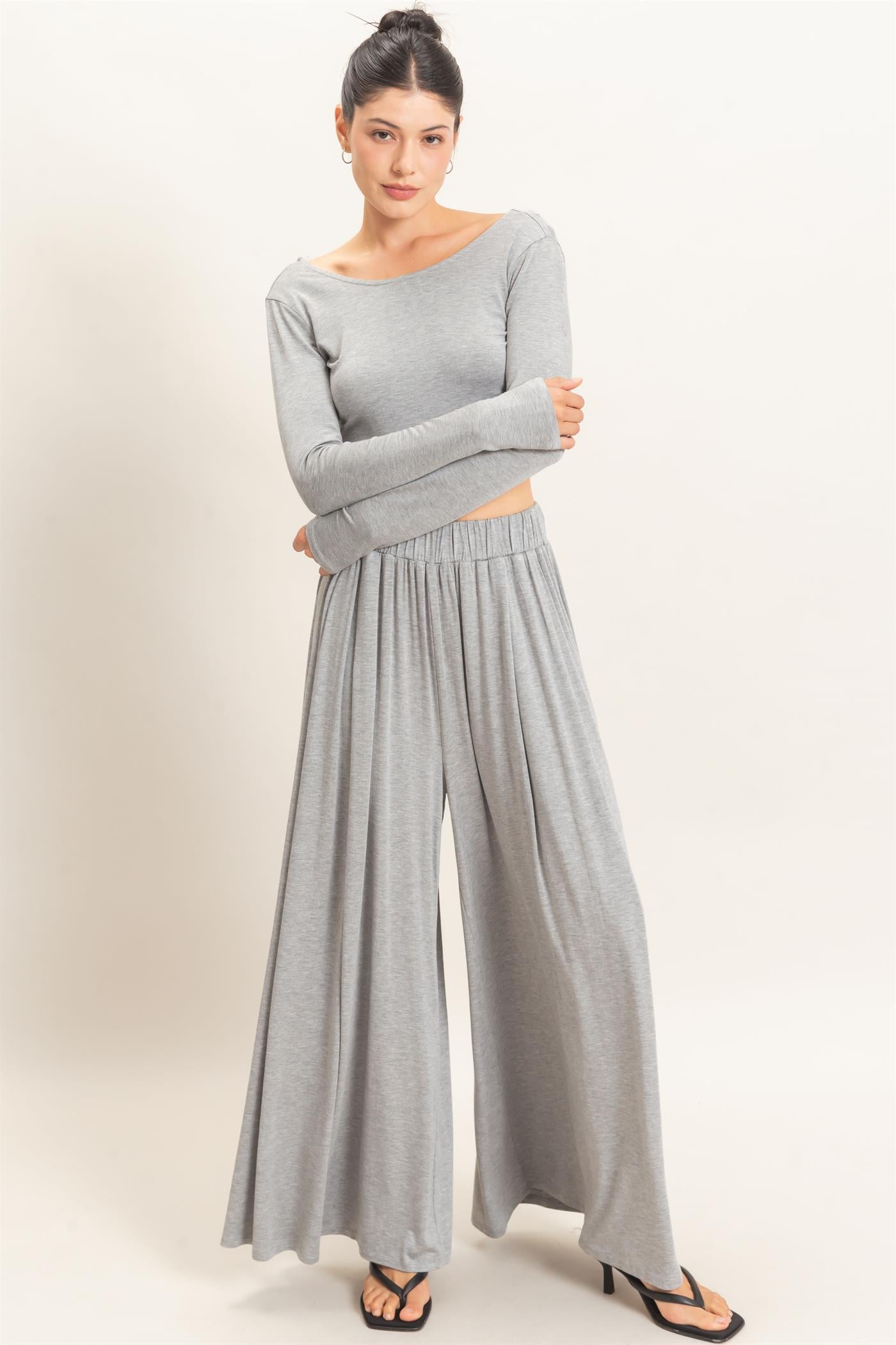 Wholesale Long Sleeve Top & Wide Leg Pants Set Clothing HF26F227-SET-D H.GRAY HYFVE