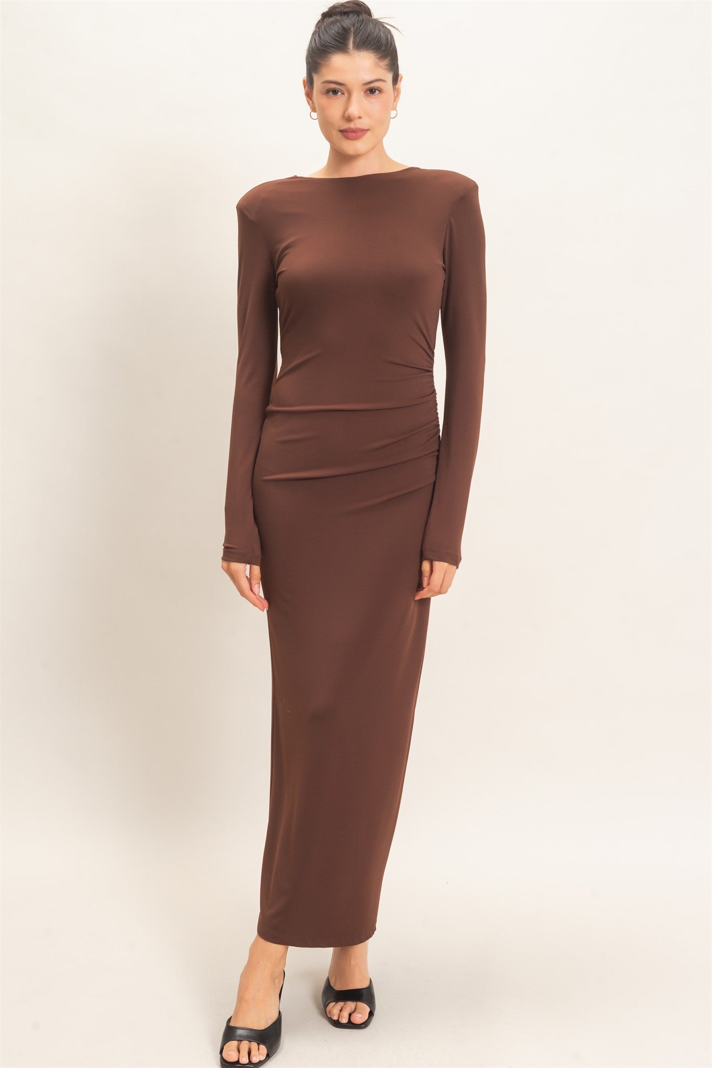Wholesale Ruched Long Sleeve Open Back Midi Dress Dresses HF26F118 CHOCOLATE HYFVE
