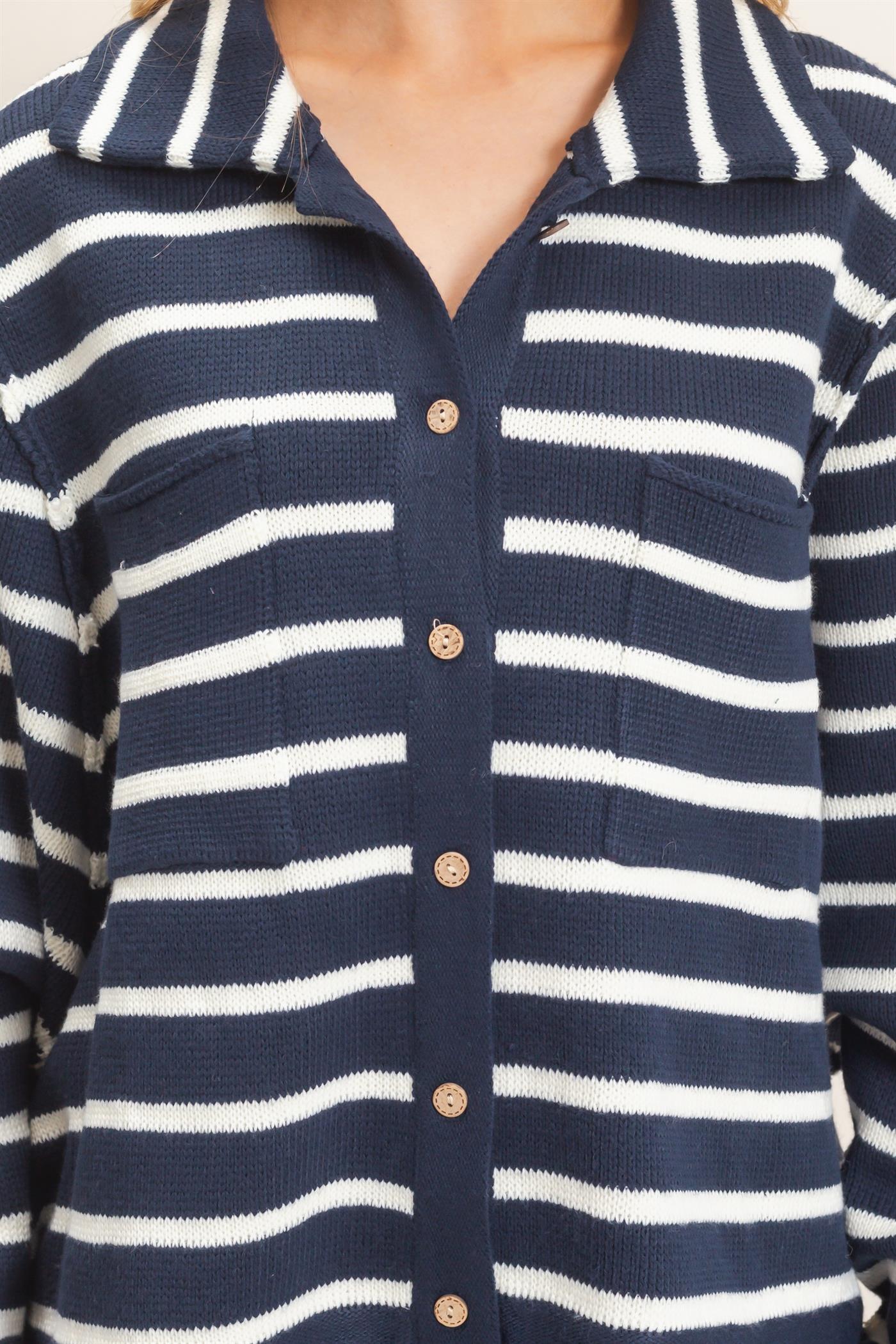 Wholesale Striped Button Front Cardigan Sweaters HF26F197 NAVY HYFVE