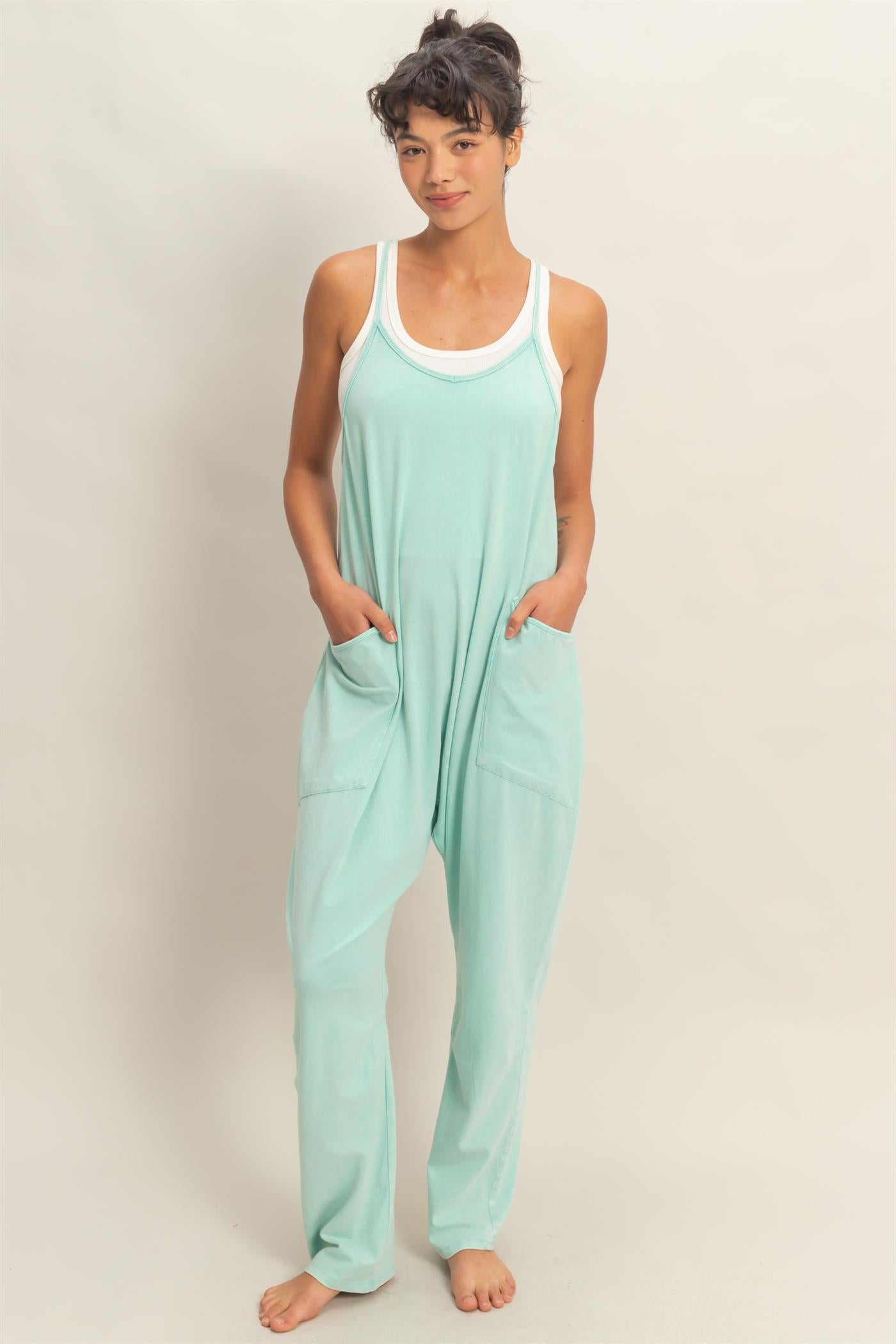 Wholesale Mineral Wash Spaghetti Strap Jumpsuit Clothing DZ26C375 TURQUOISE DOUBLE ZERO