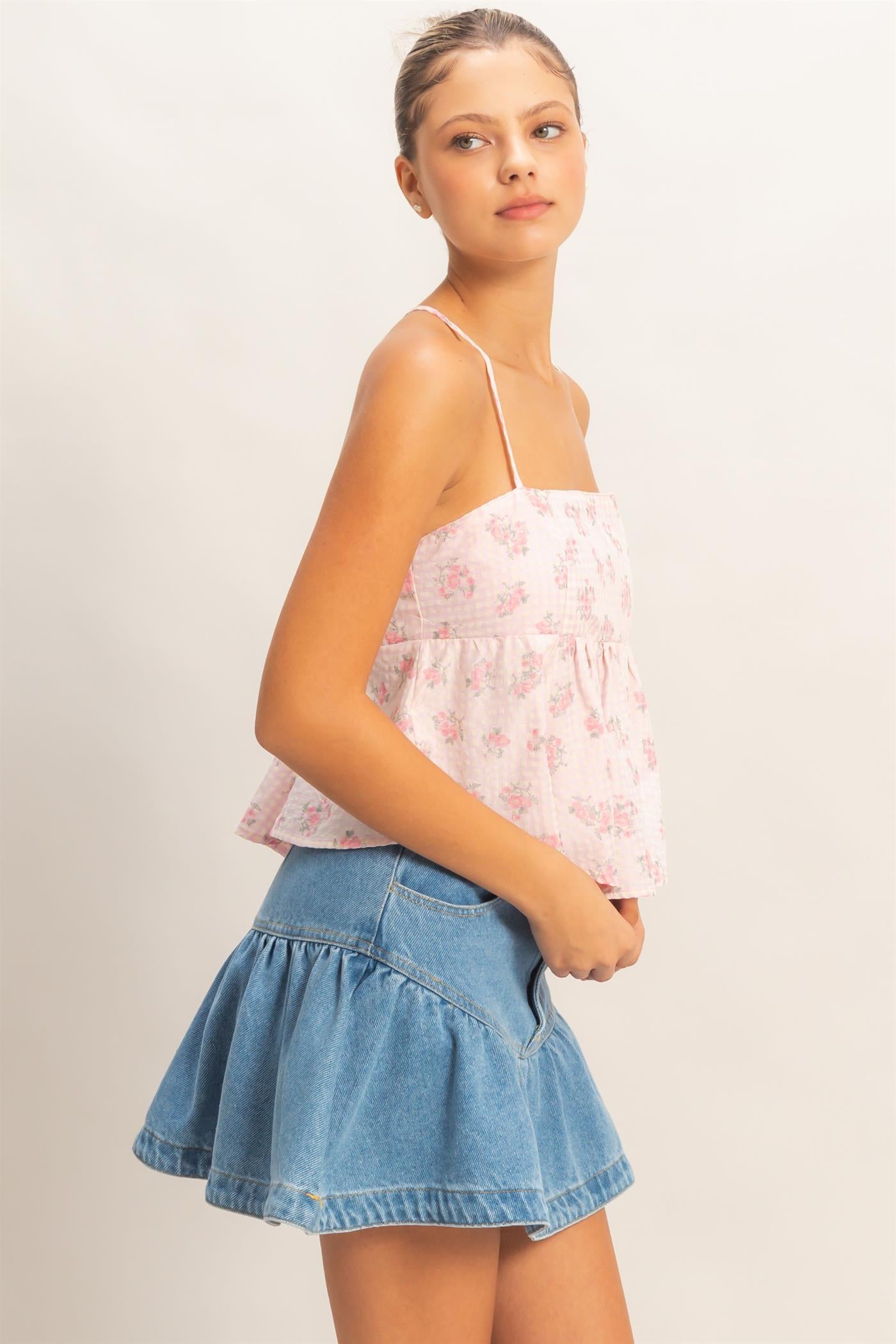 Wholesale Floral Seersucker Babydoll Top Clothing Tops HF26A416 PINK HYFVE