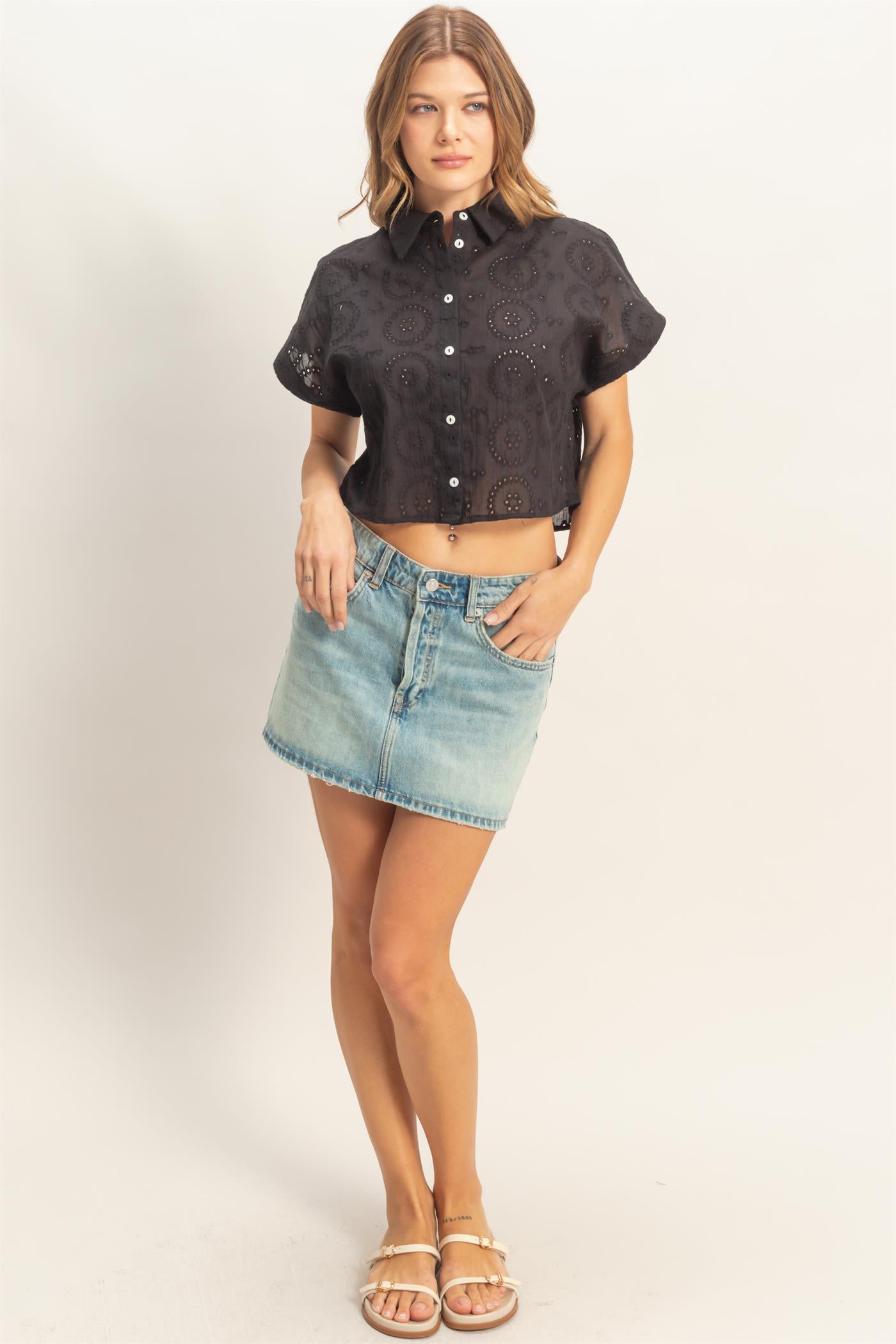 Wholesale Eyelet Cropped Button-Up Shirt Clothing Tops HF26C297 BLACK HYFVE