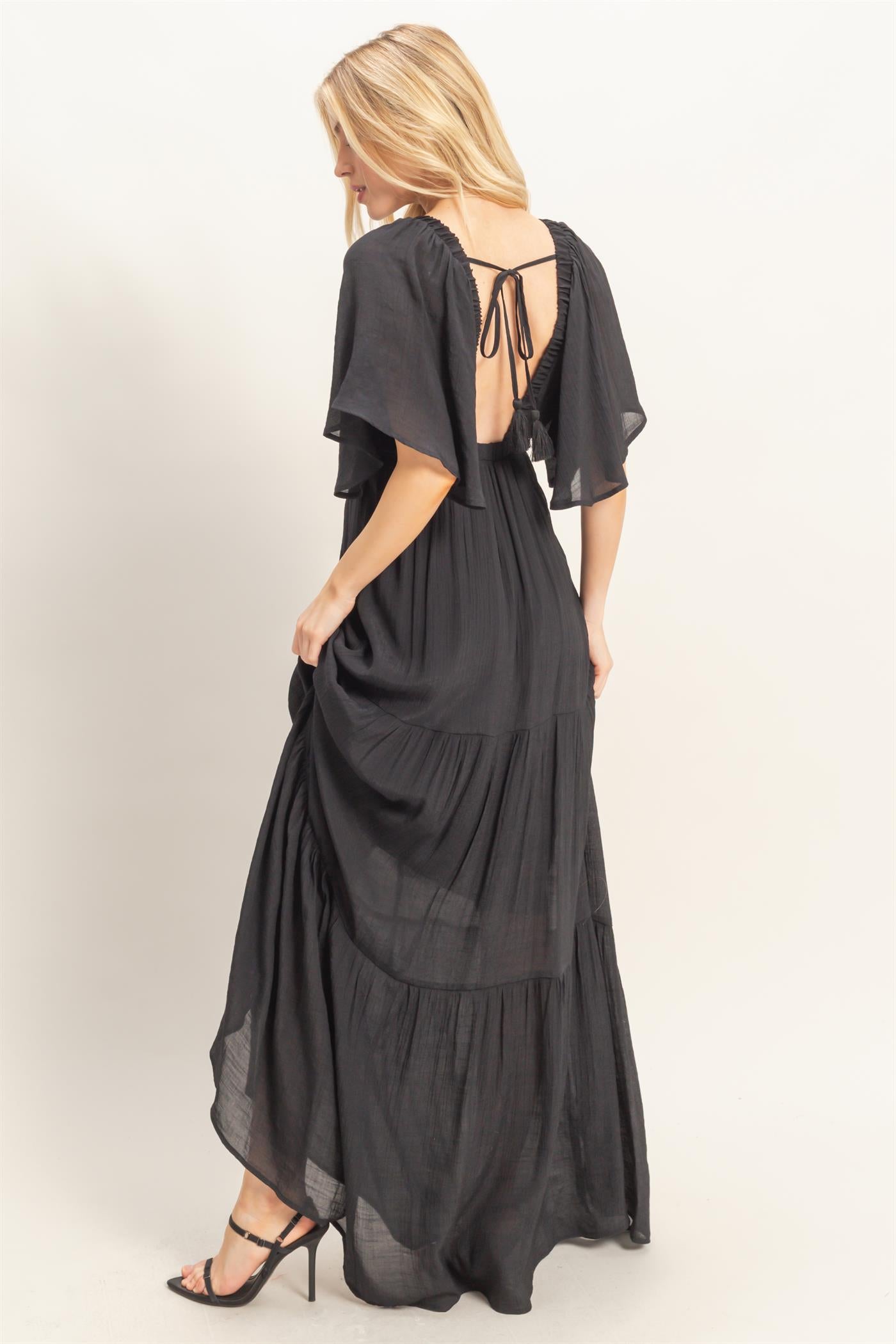Wholesale Flutter Sleeve Maxi Dress Dresses HF26C285-D BLACK HYFVE