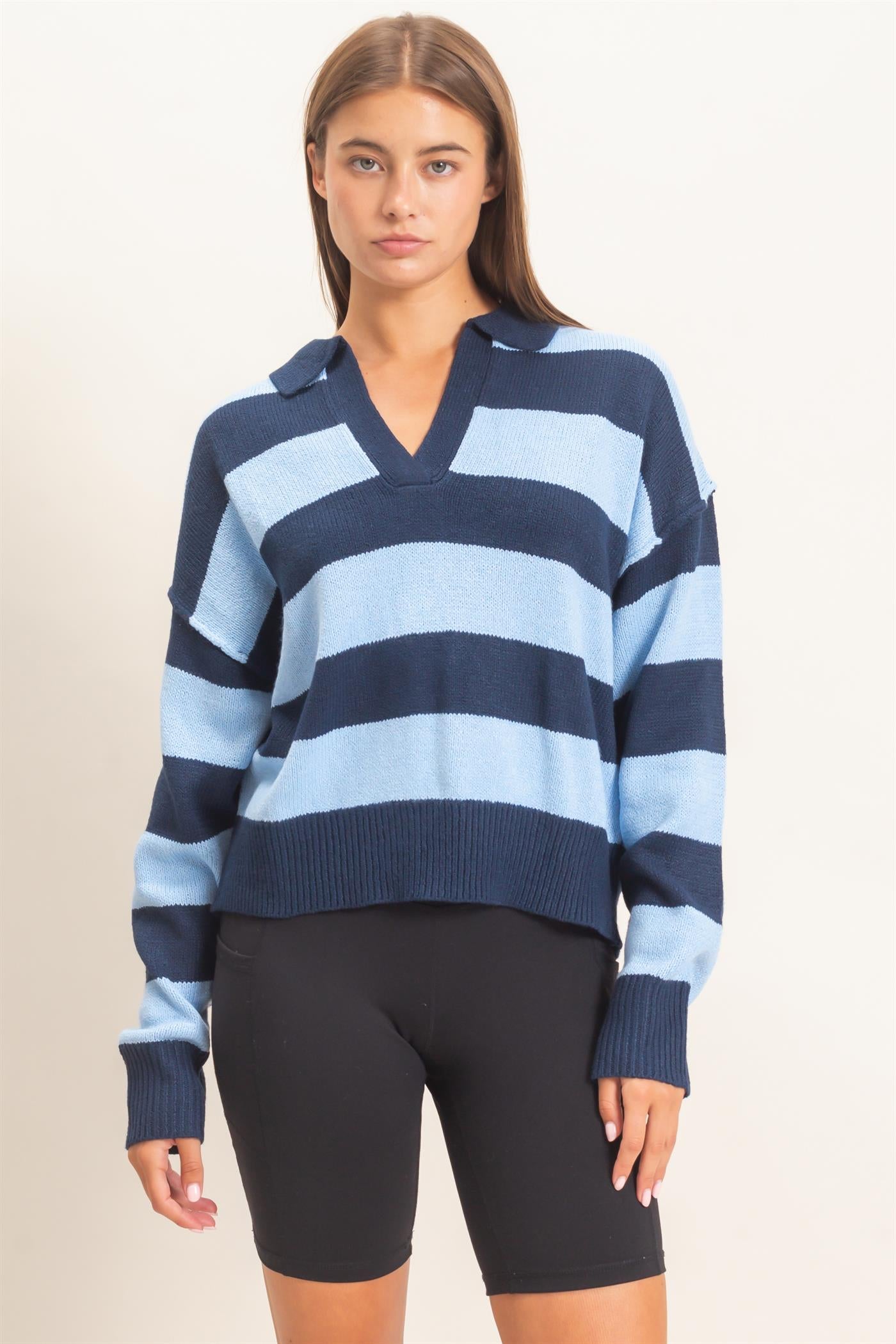 Wholesale Rugby Stripe Polo Sweater Sweaters DZ26E297 NAVY DOUBLE ZERO