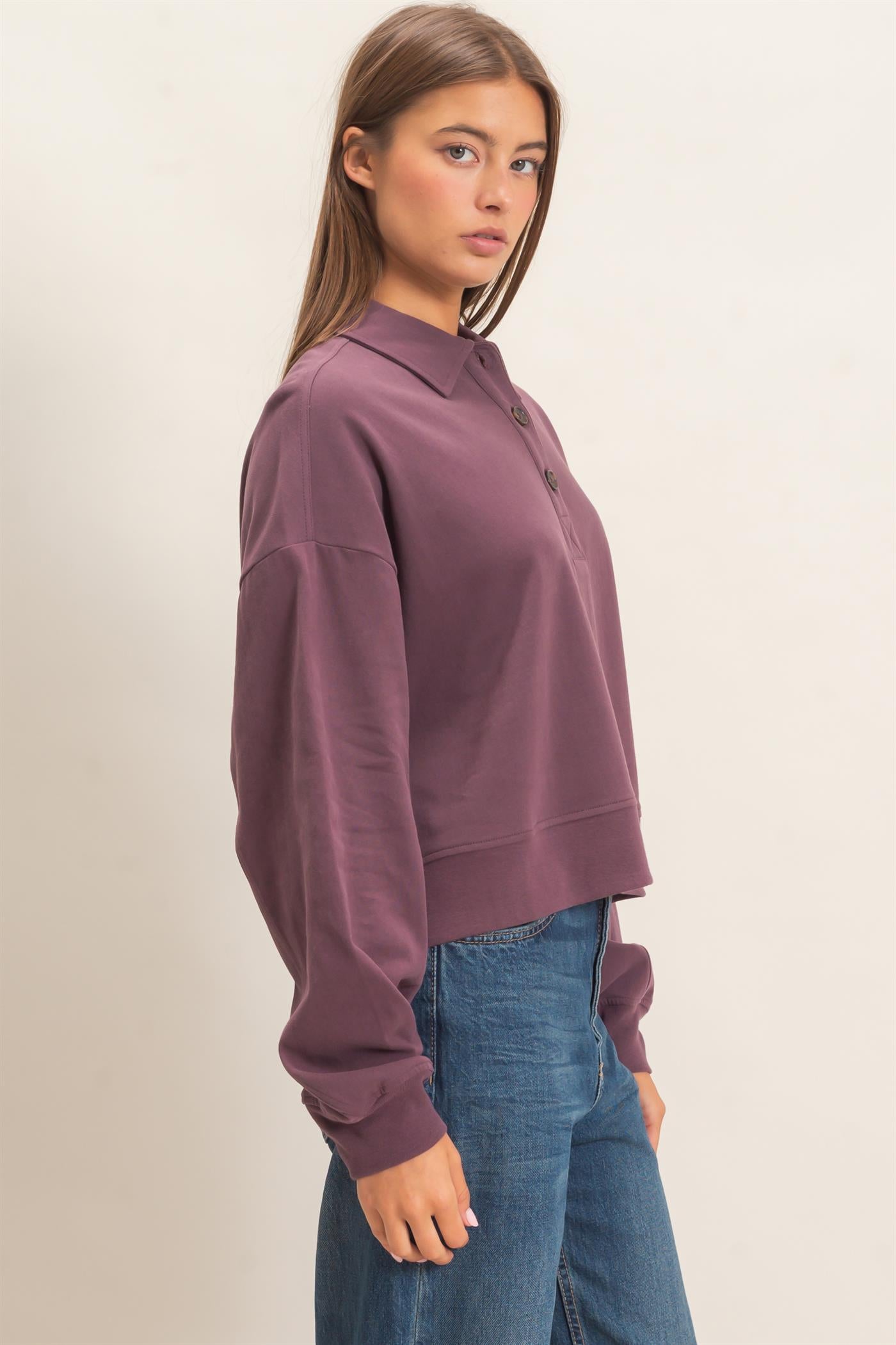 Wholesale Washed Button-Front Collared Sweatshirt Sweatshirts DZ26E390 COCOA DOUBLE ZERO
