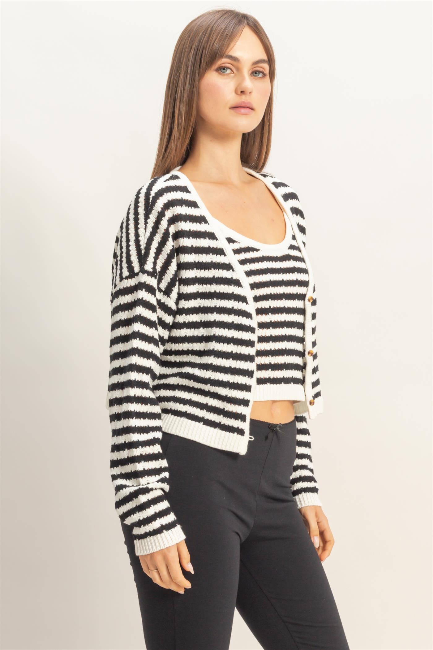 Wholesale Striped V-Neck Cardigan Cardigans HF26A174 BLACK HYFVE