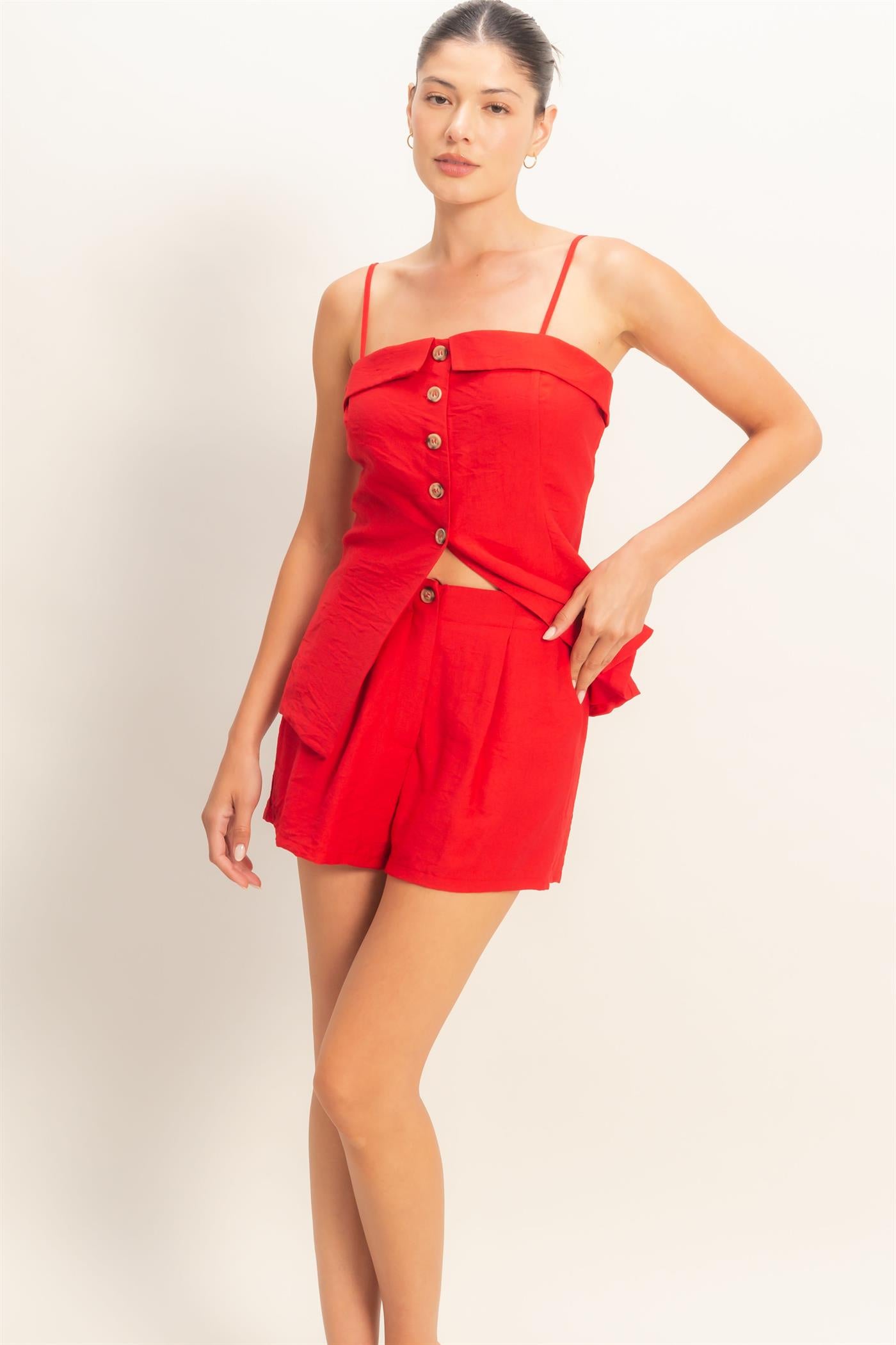 Wholesale Strap Buttoned Top And Shorts Set Clothing DZ26C115-SET RED HYFVE