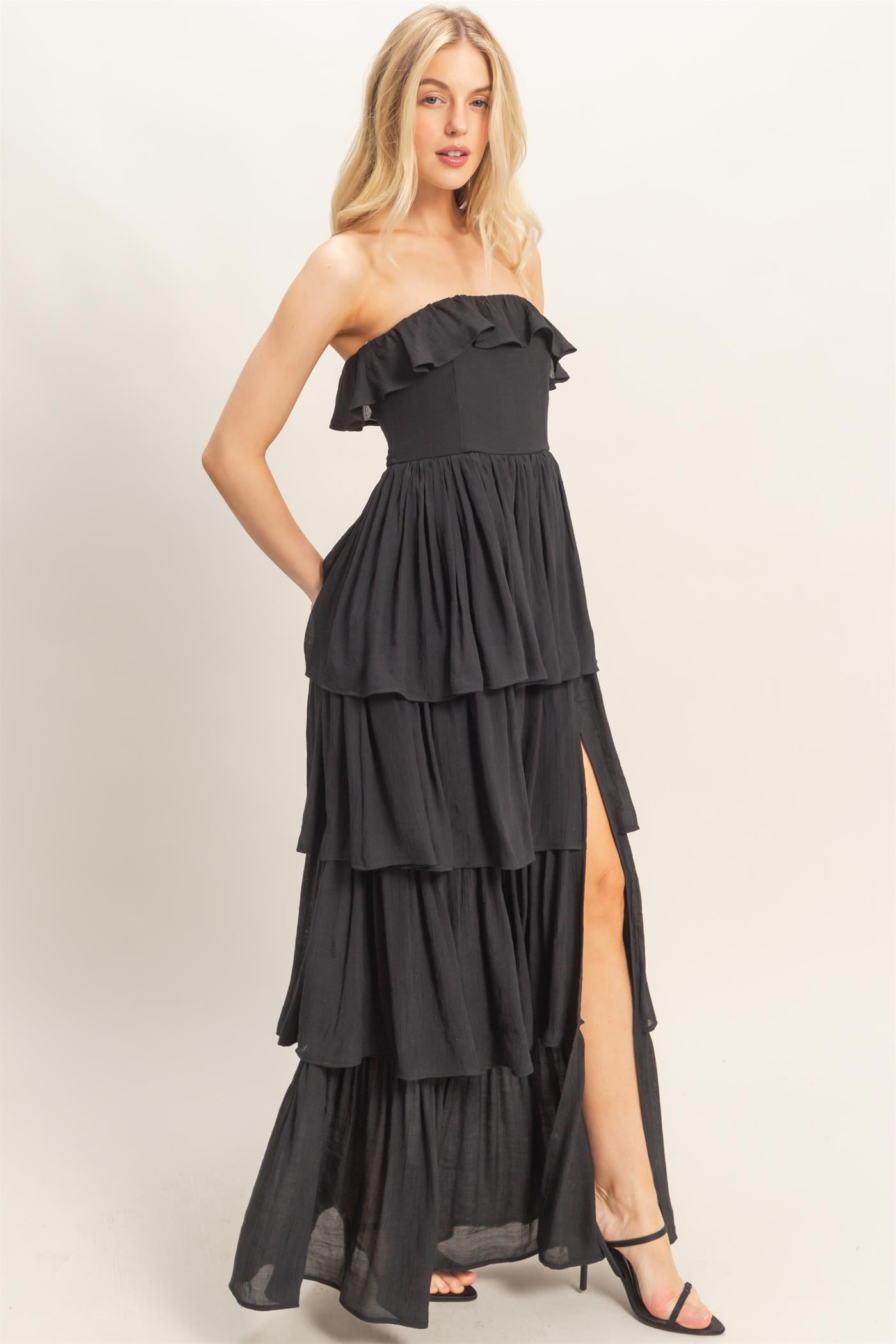 Wholesale Tiered Strapless Ruffle Dress Dresses HF26A616-D BLACK HYFVE