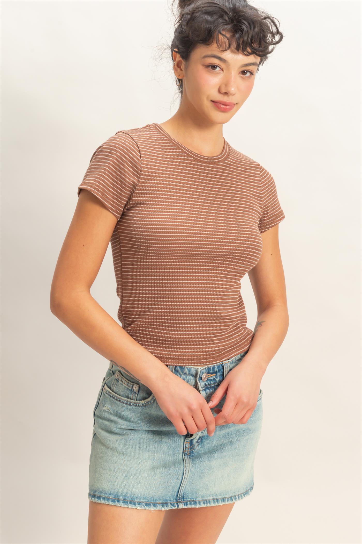 Wholesale Striped Ribbed Crew Neck Top Clothing Tops DZ26C281 BROWN DOUBLE ZERO