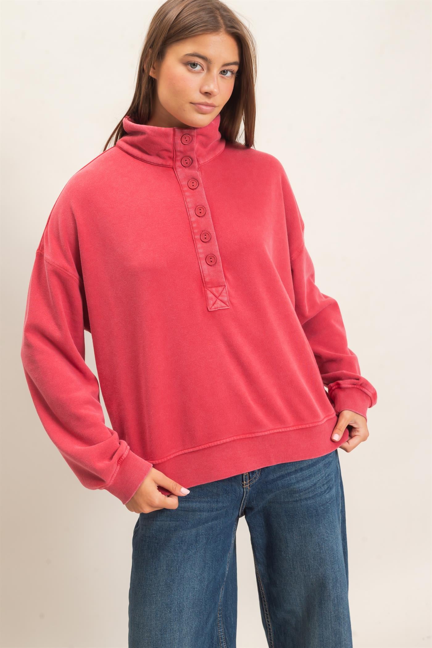 Wholesale Mineral Wash Button Front Sweatshirt Sweatshirts DZ26C909 DARK RED DOUBLE ZERO