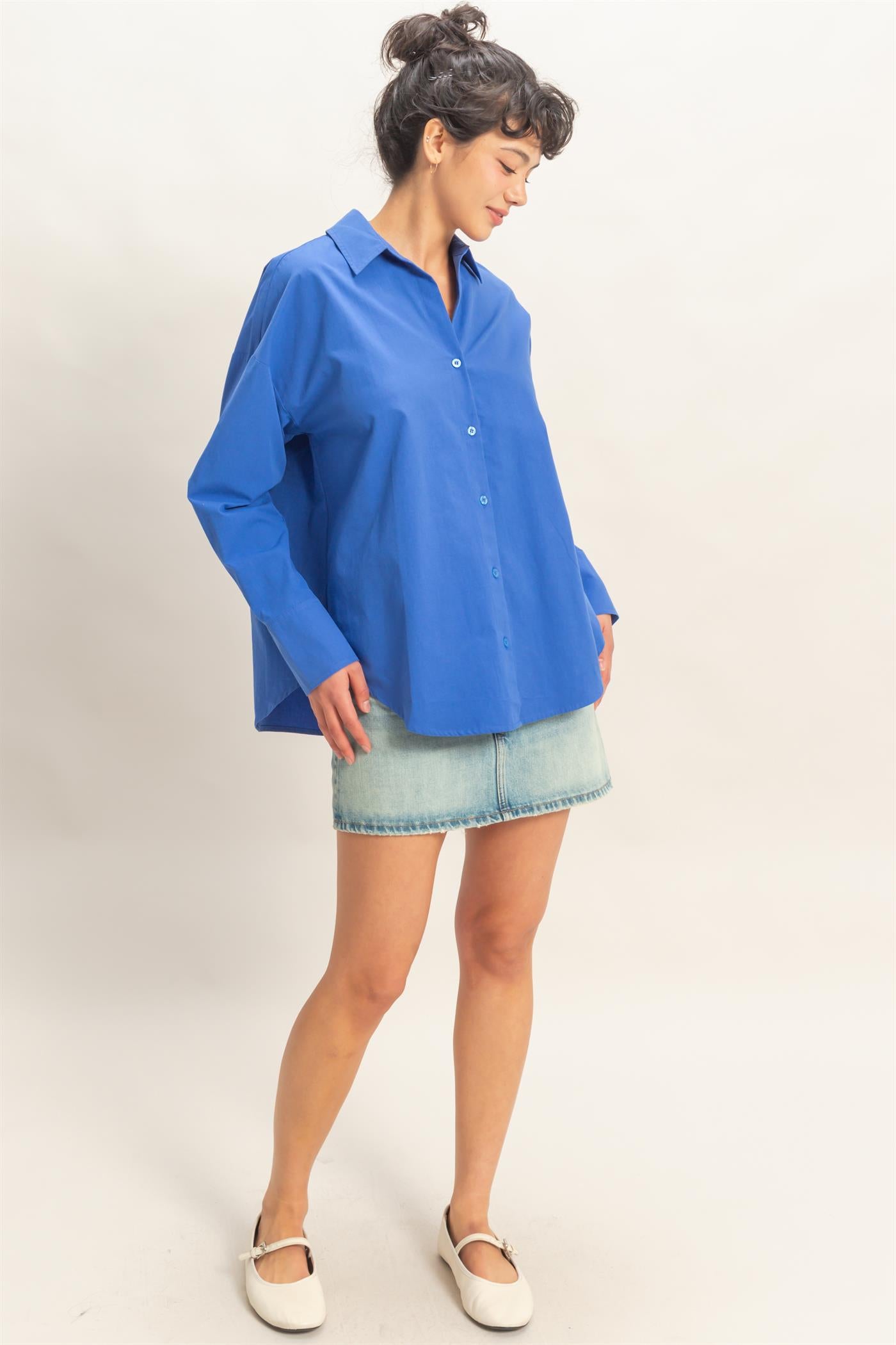 Wholesale Button Up Poplin Shirt Clothing Tops DZ26A330 COBALT HYFVE