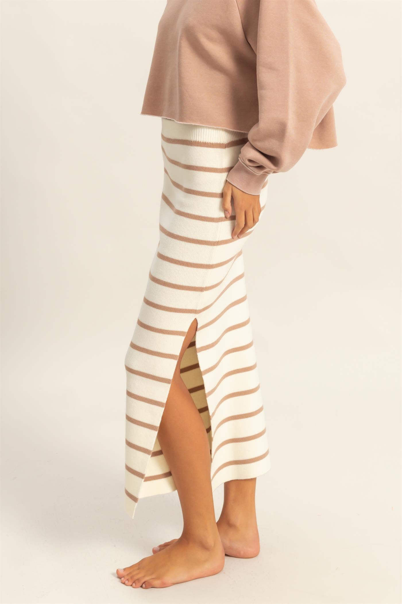 Wholesale Striped High Waist Bodycon Sweater Skirt Skirts DZ25A637 TAUPE/CREAM DOUBLE ZERO