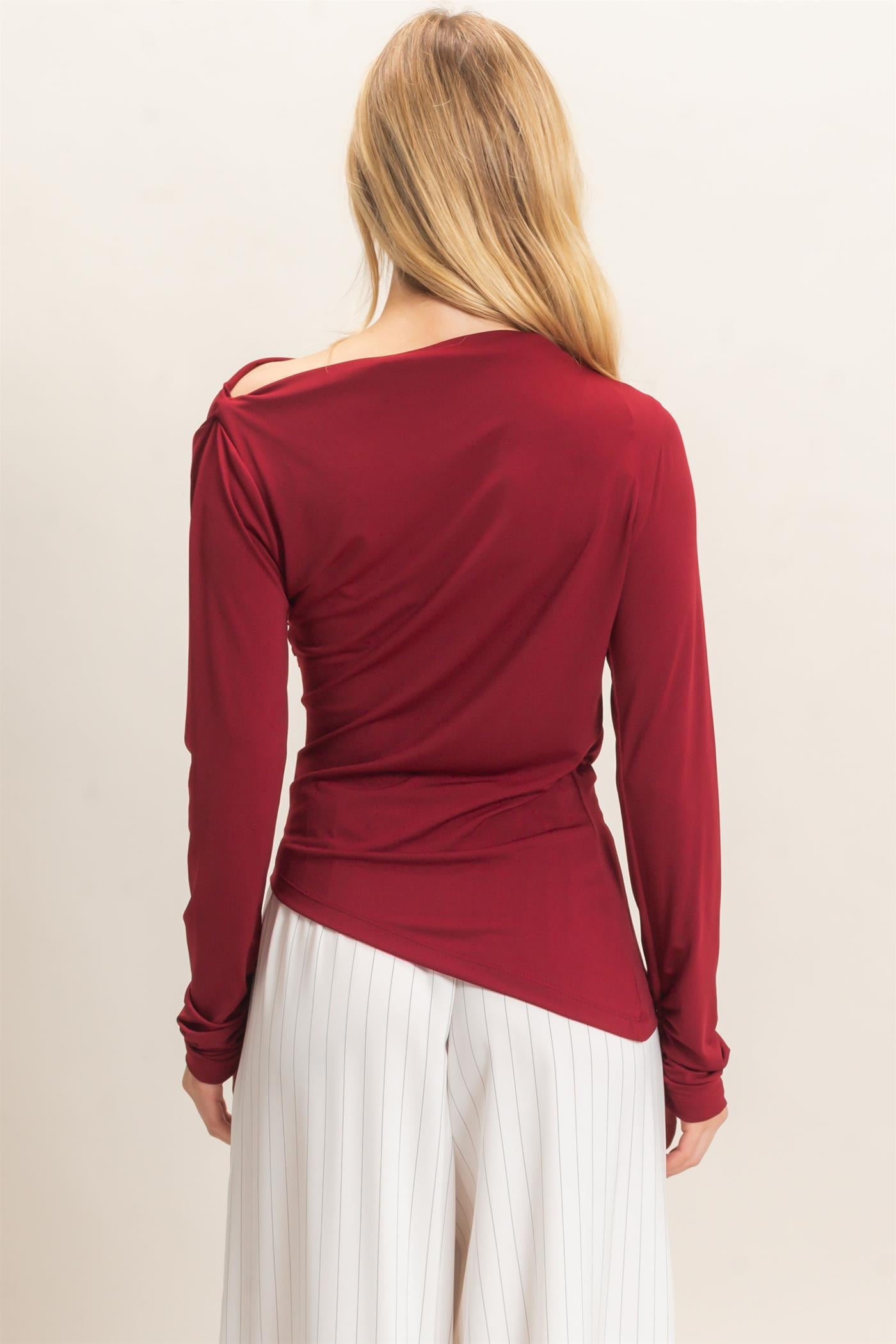 Wholesale Asymmetrical Ruched Long Sleeve Top Clothing Tops HF26C683 DARK RED HYFVE