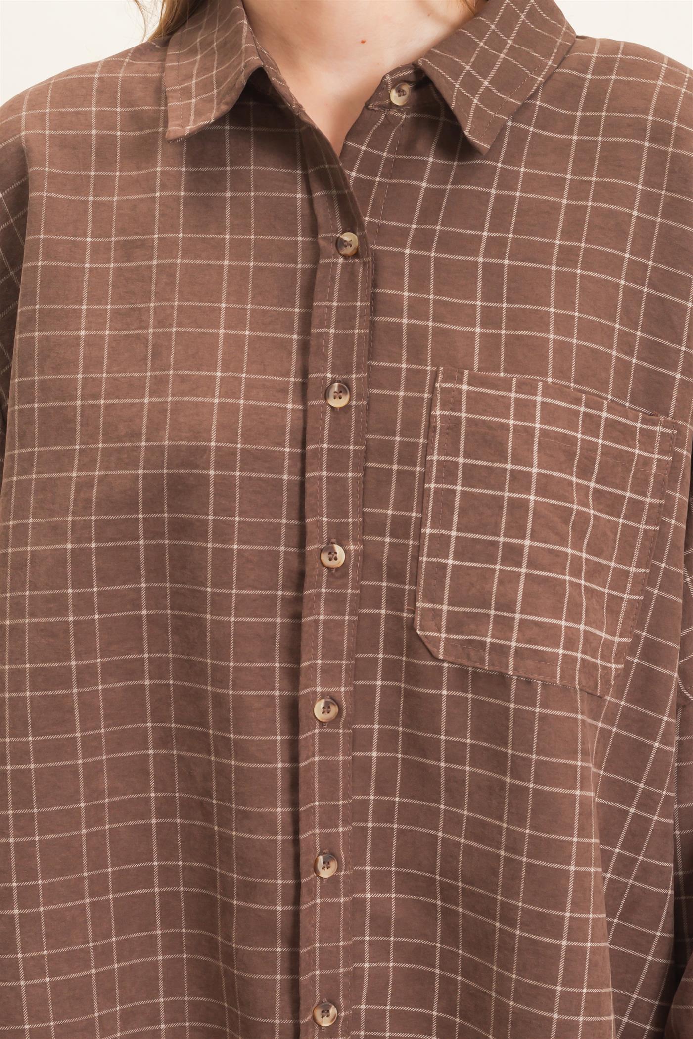 Wholesale Plaid Button-Up Shirt Shirts HF26E734 BROWN HYFVE
