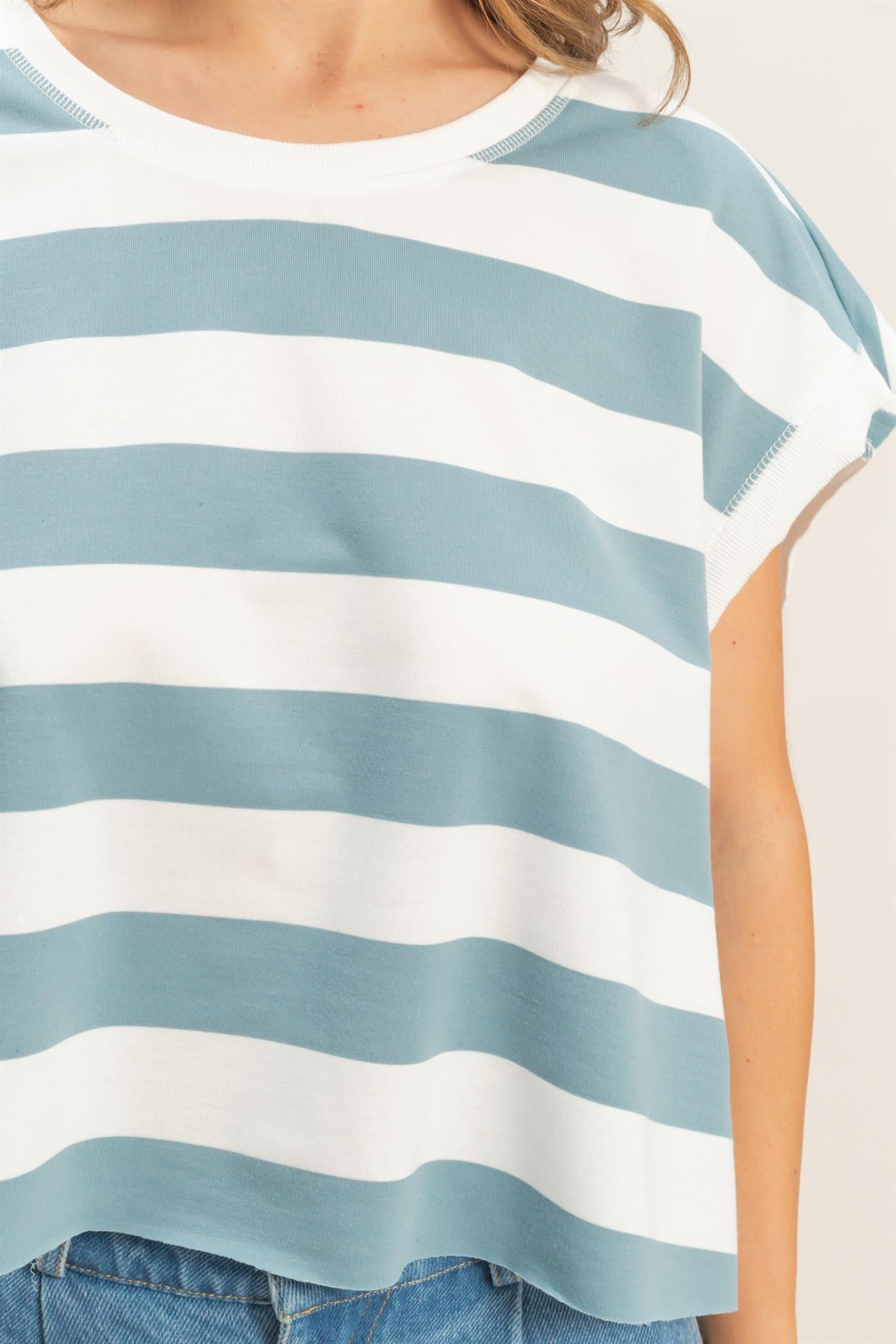 Wholesale Striped Boxy Crew Neck Top Clothing Tops HF26C391 LIGHT BLUE HYFVE