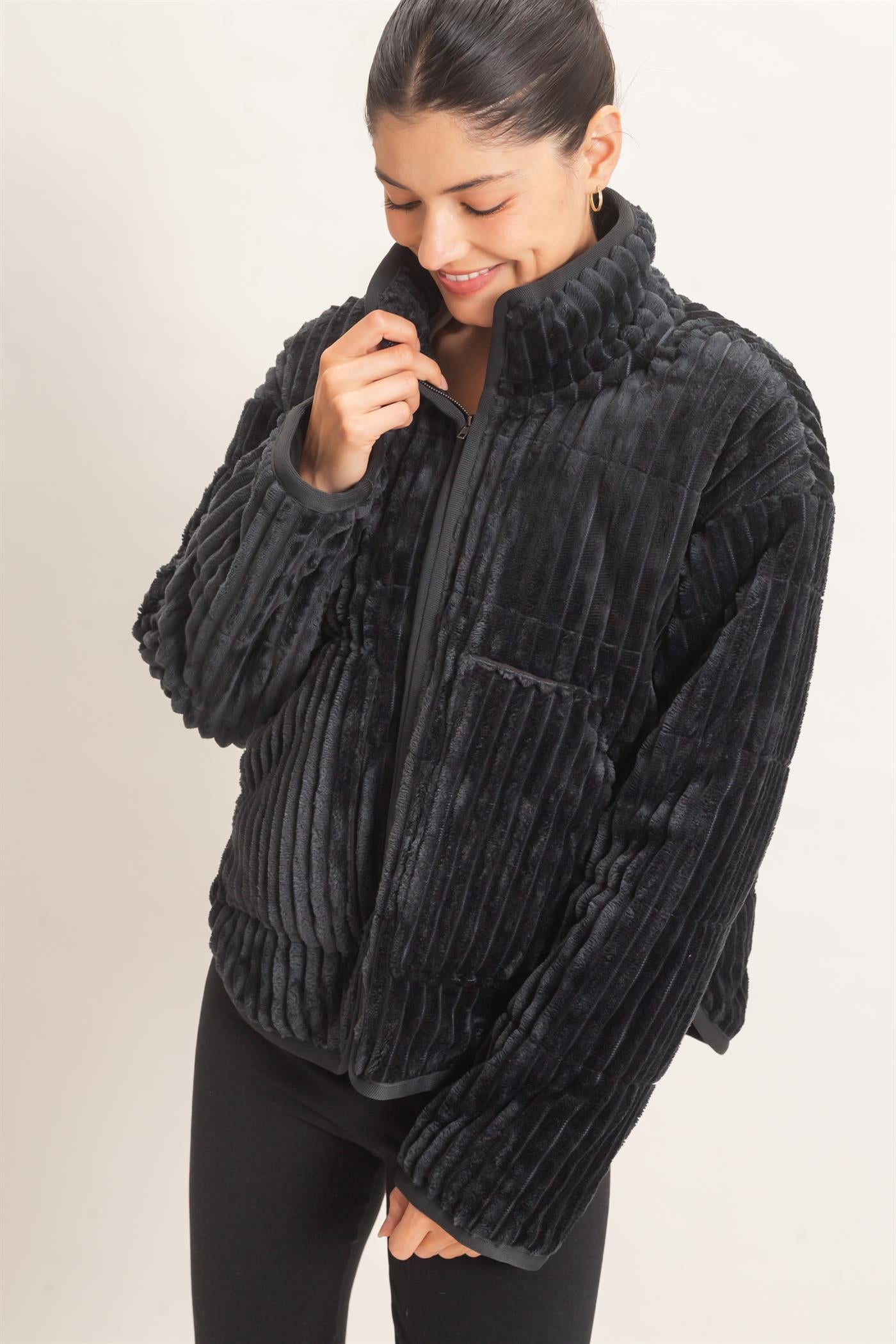 Wholesale Quilted Corduroy Zip-Up Jacket Coats & Jackets HF26E753 BLACK HYFVE