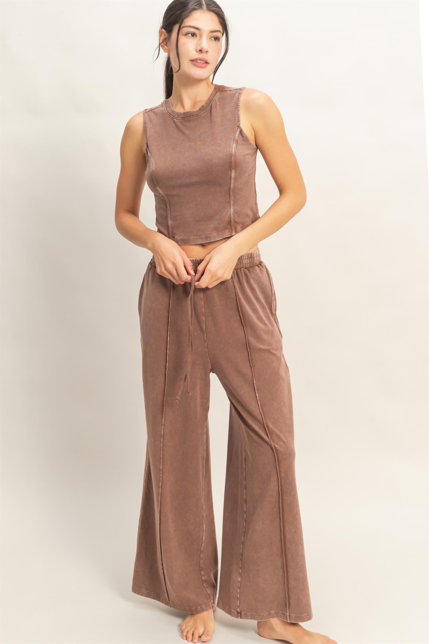 Wholesale Mineral Washed Sleeveless Top & Wide Leg Pants Set Clothing DZ26A371-SET CHOCOLATE DOUBLE ZERO