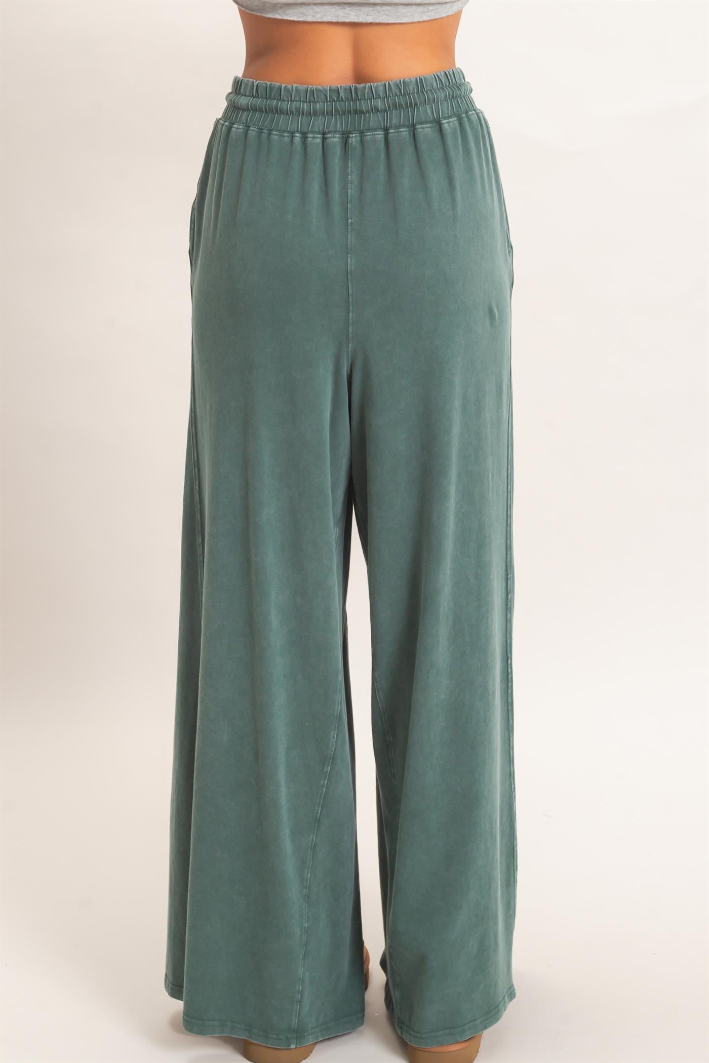 Wholesale Wide Leg Mineral Wash Pants Pants DZ26F406 DARK GREEN DOUBLE ZERO