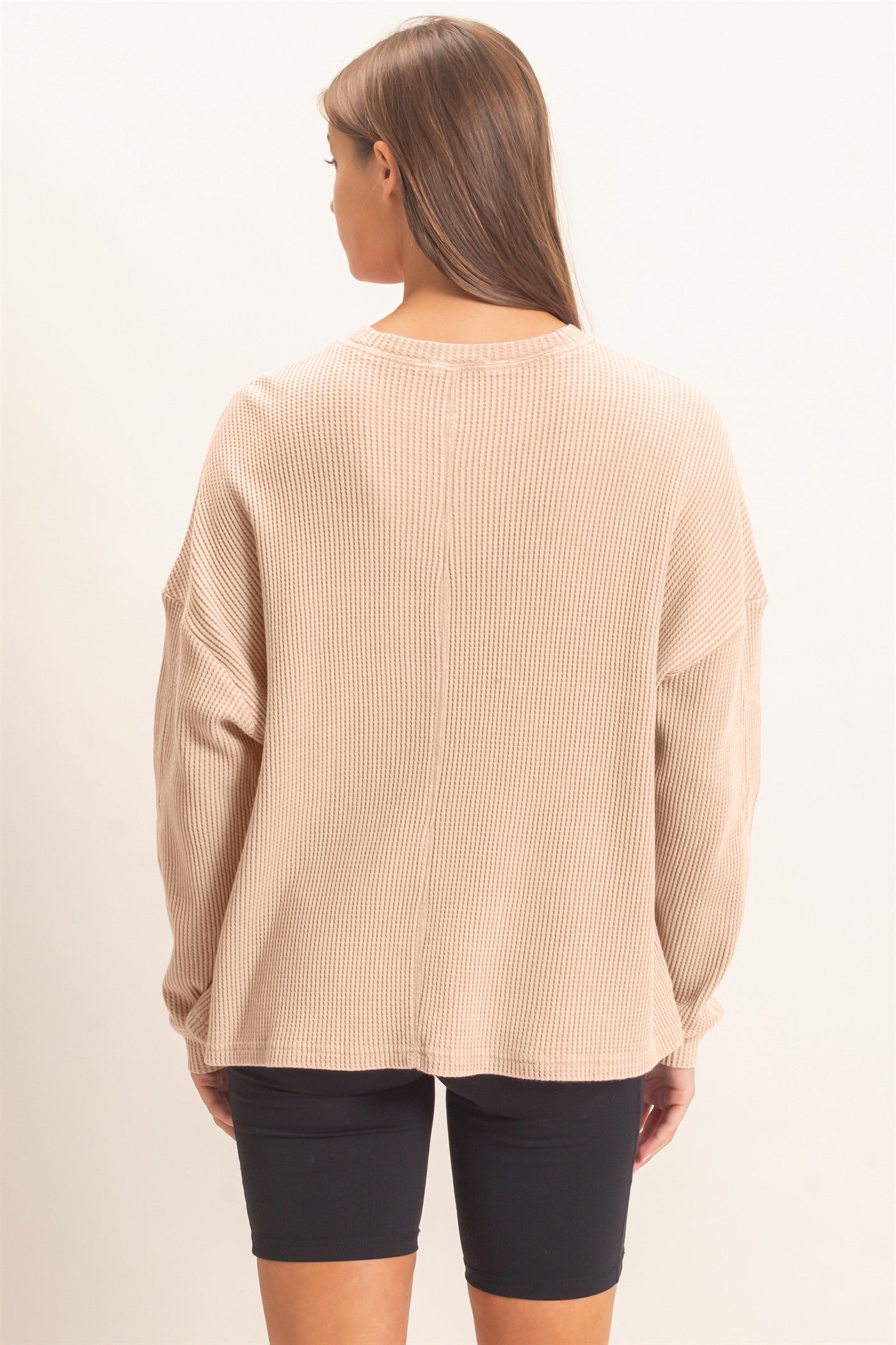 Wholesale Mineral Wash Waffle Long Sleeve Top Clothing Tops DZ26F242 LIGHT TAUPE DOUBLE ZERO