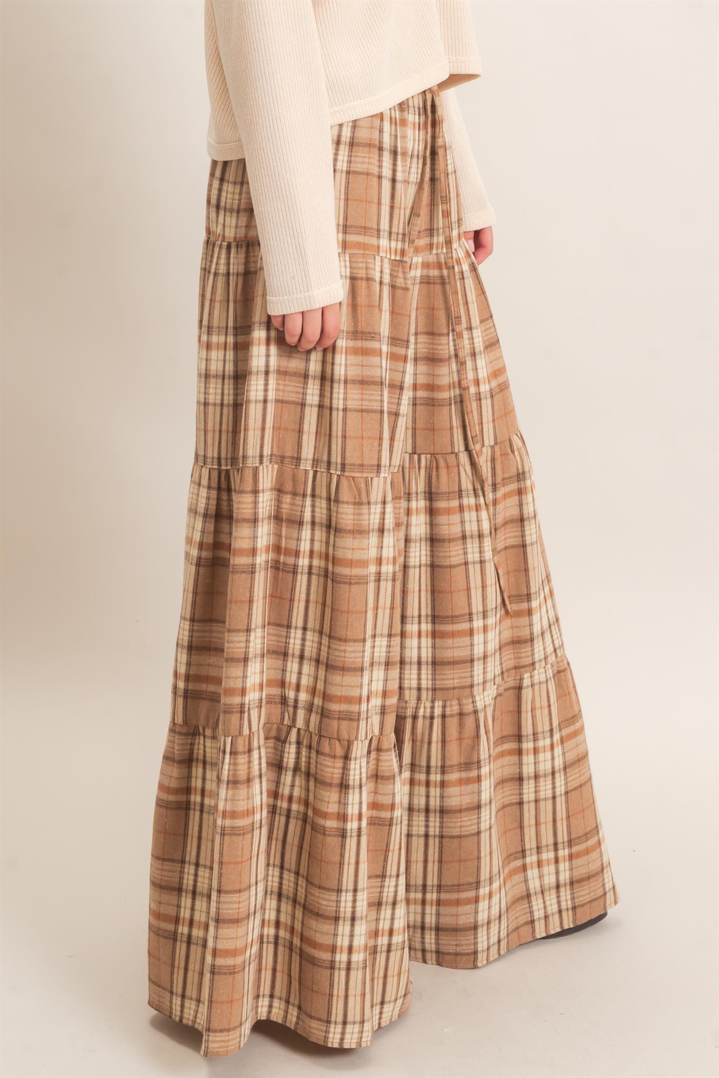Wholesale Tiered Plaid Wide-Leg Pants Pants HF26E042 MOCHA HYFVE