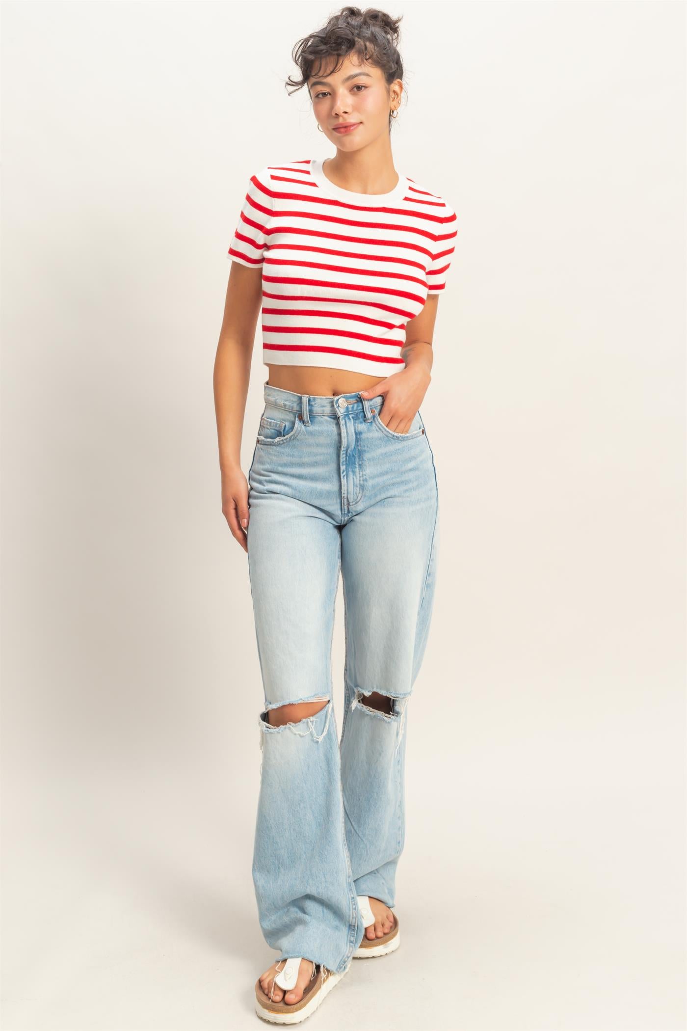 Wholesale Striped And Knit Crew Neck Crop Top Clothing Tops DZ26A139 RED DOUBLE ZERO