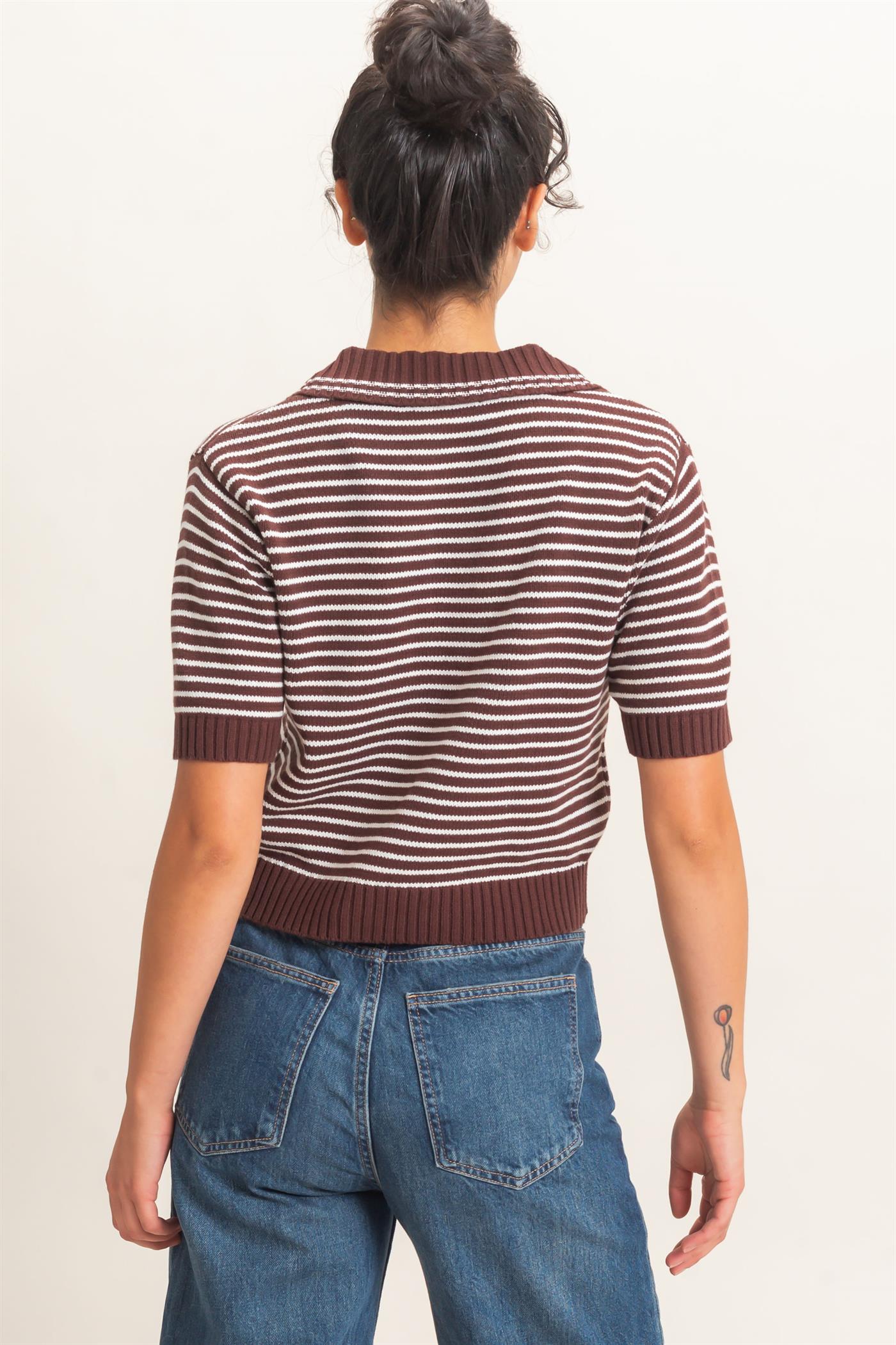 Wholesale Striped Short Sleeve Collar Knit Top Clothing Tops DZ26E261 DARK BROWN DOUBLE ZERO