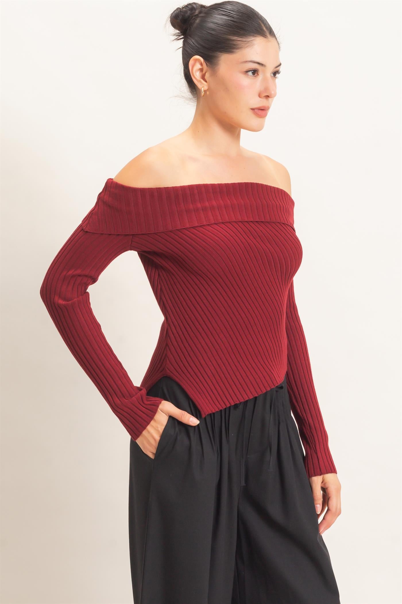 Wholesale Ribbed Off-Shoulder Sweater Sweaters HF26E937 BURGUNDY HYFVE