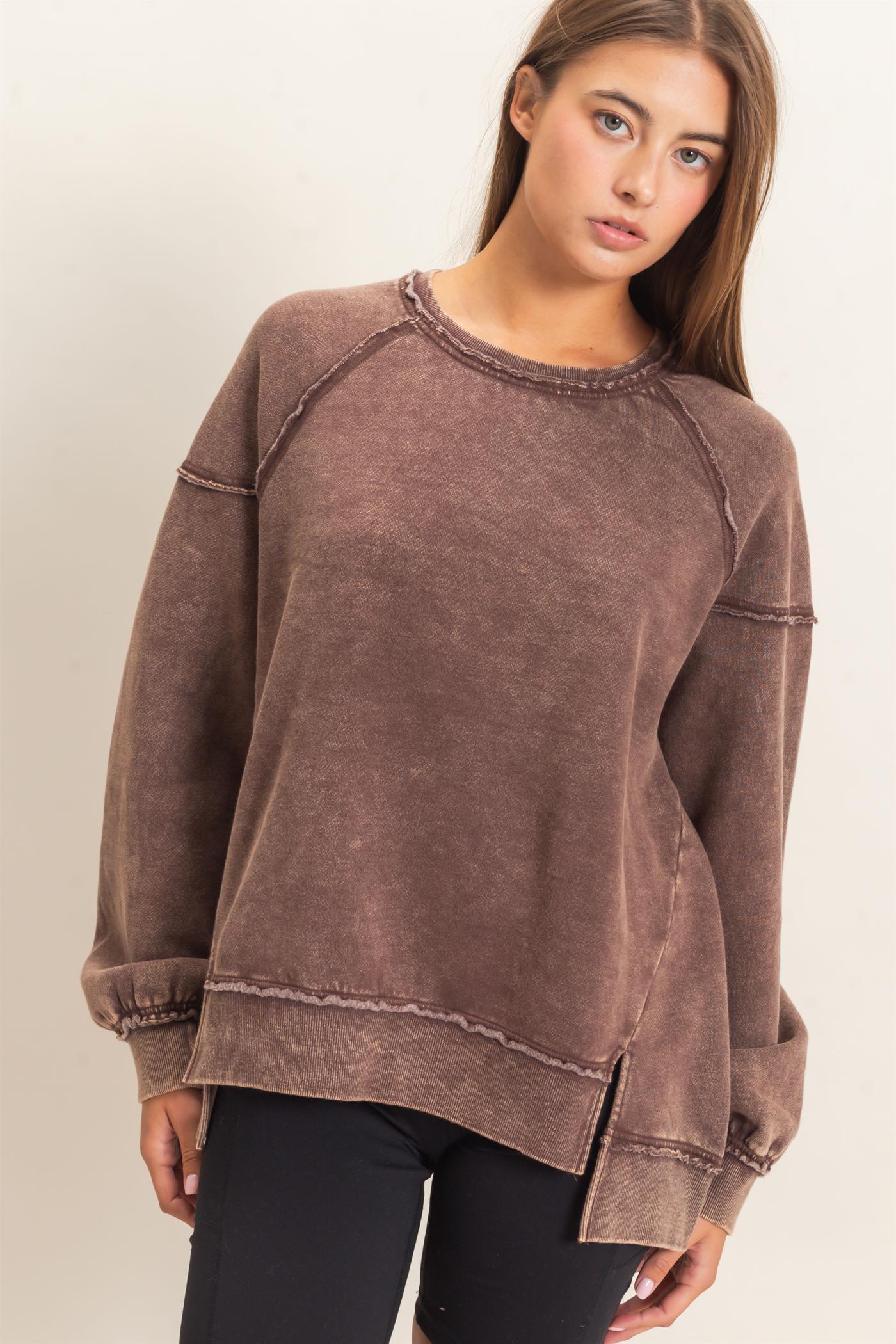 Wholesale Acid Wash Raw Edge Sweatshirt Sweatshirts DZ26C910 DARK BROWN DOUBLE ZERO