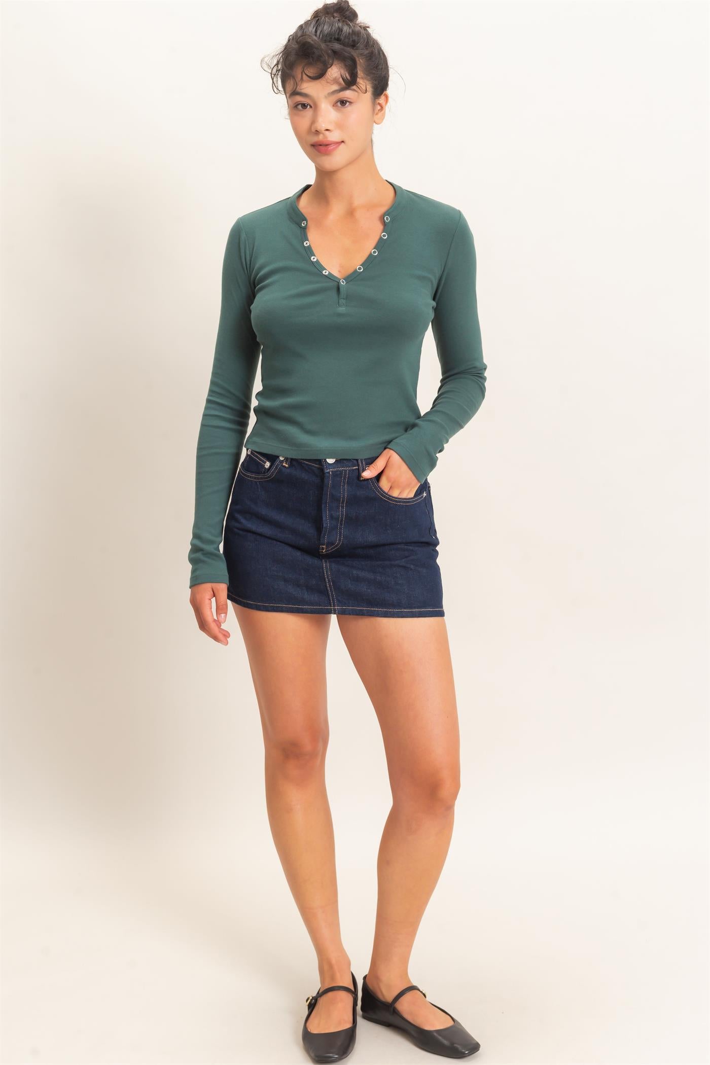 Wholesale Long Sleeve Henley Top Clothing Tops DZ26E865 DARK GREEN DOUBLE ZERO