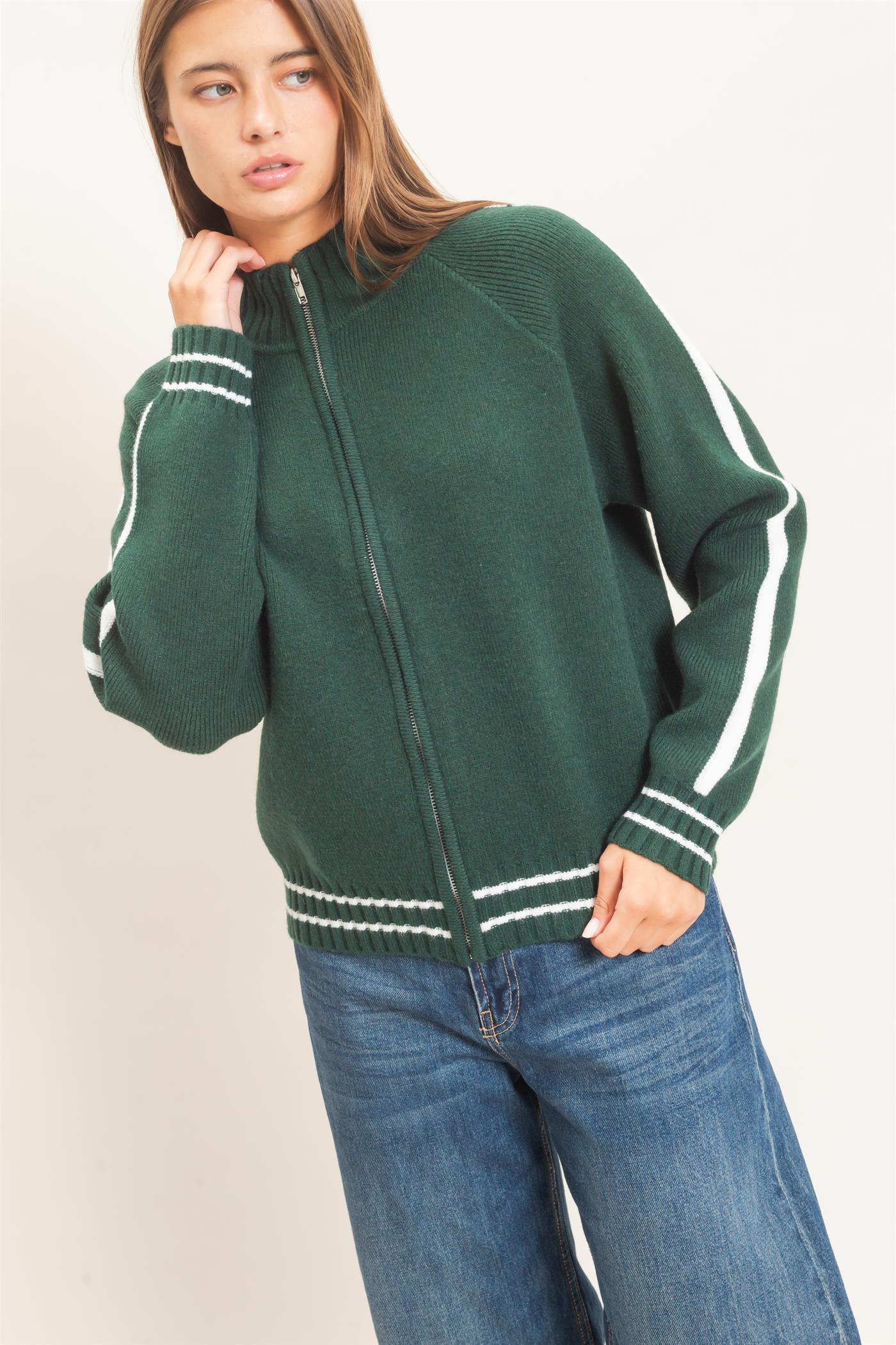 Wholesale Contrast Stripe Zip-Up Sweater Sweaters DZ26E861 DARK GREEN DOUBLE ZERO