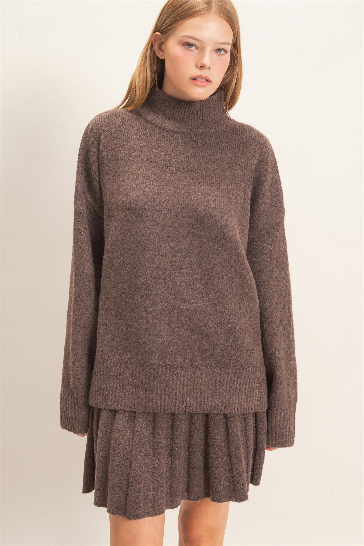 Wholesale Mock Neck Sweater And Pleated Skirt Set Clothing HF26F232-SET BROWN HYFVE