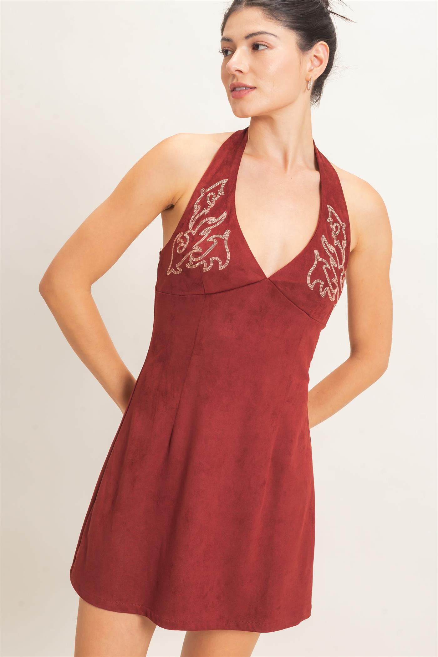 Wholesale Suede V-Neck Halter Dress Dresses HF26E500 BURGUNDY HYFVE