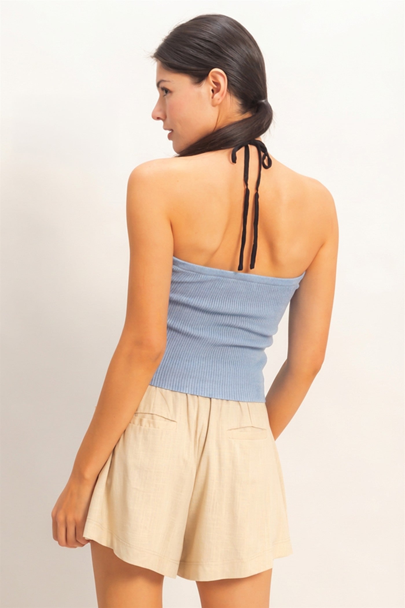 Wholesale Ribbed Halter Top With Twist Clothing Tops HF26A299 L.BLUE HYFVE